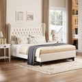 Upholstered Full Size Bed Frame with Tall Headboard, Velvet Wingback Platform Bed Frame with Deep Button Tufted, No Box Spring Needed, Noise Free, Beige