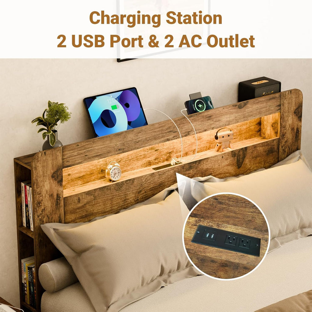 Zevemomo Wood Bed Frame King with Headboard, LED Light, Charging Station with 2 USB Ports & 2 AC Outlets, Sturdy Wood Framework, No Noise, Dark Brown (Rectangular Slot)