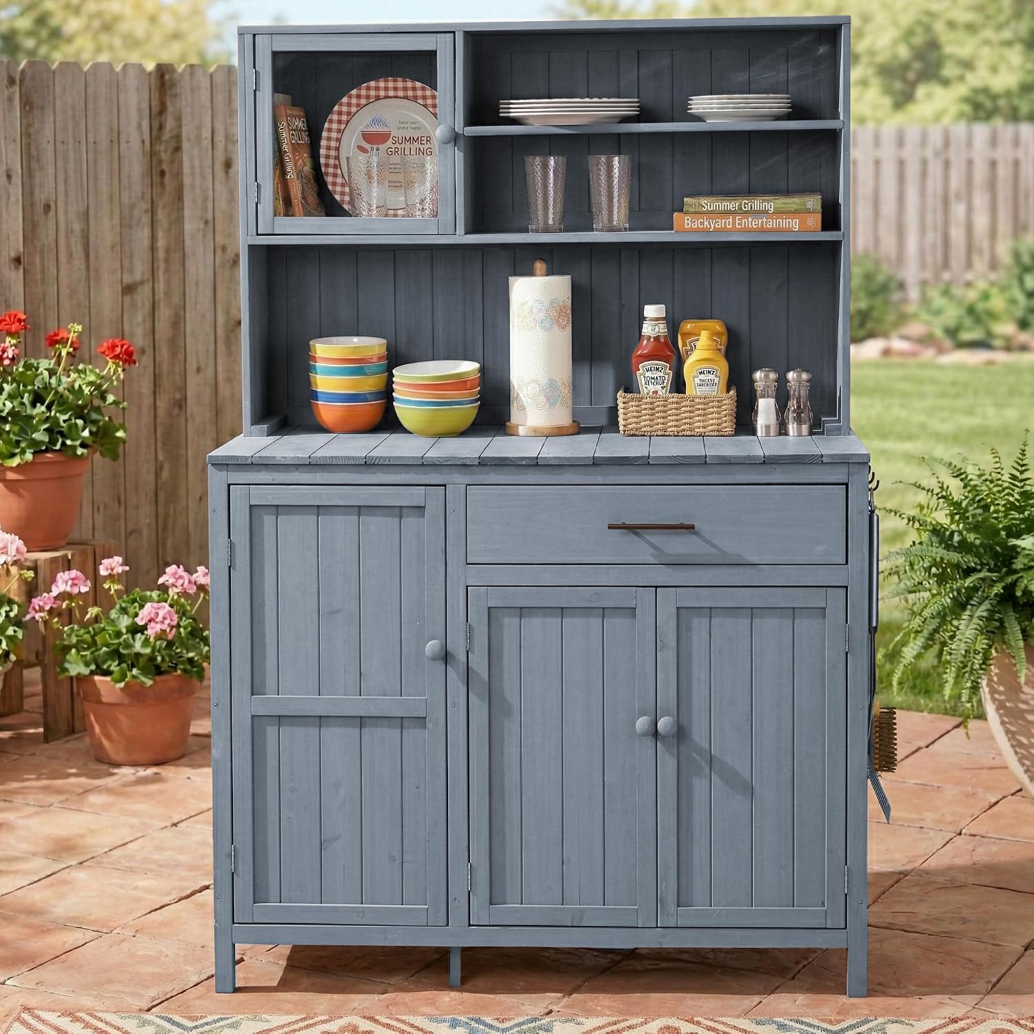Outdoor Potting Bench Table with Hutch,65' H Solid Fir Wood Garden Workstation, Patio Storage Workstation with Adjustable Shelves, Spice Rack, Side Hook and Drawer, for Mudroom, Doorway (Gray)