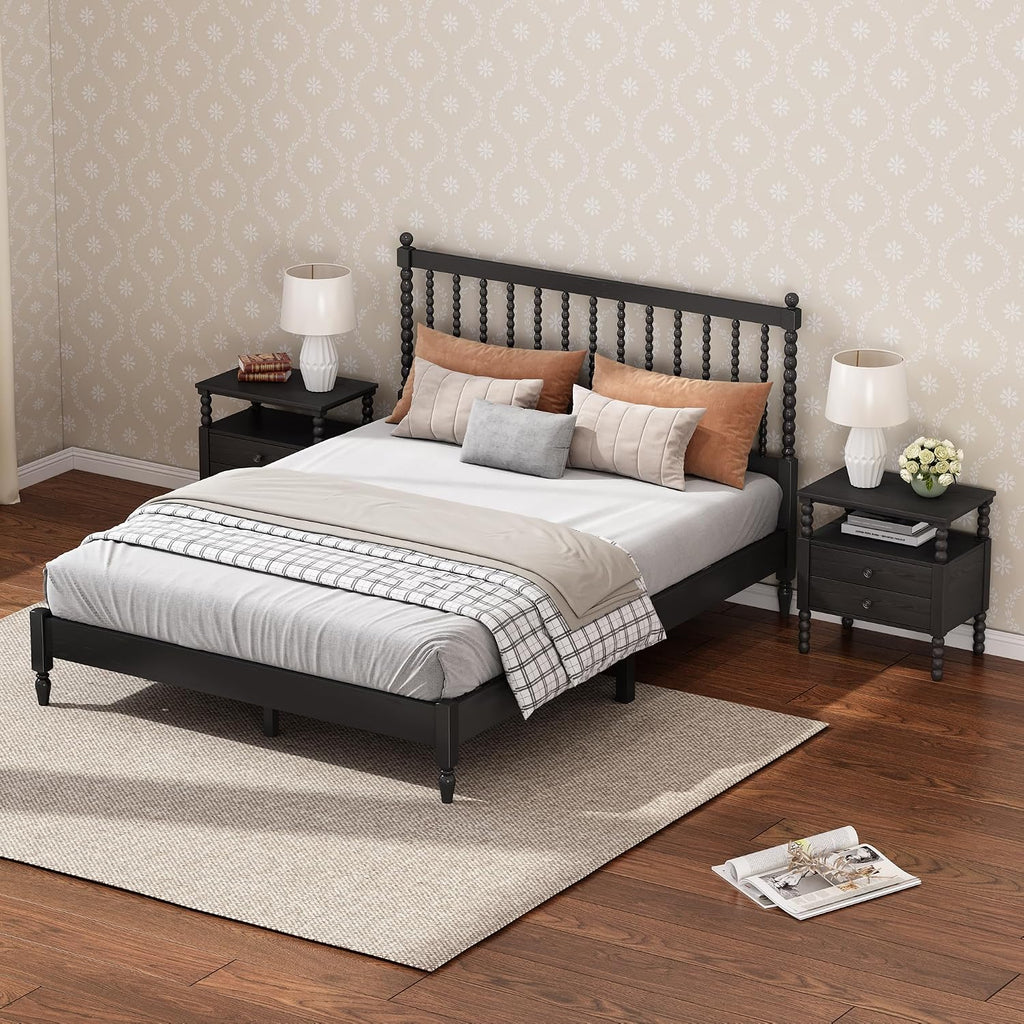 3 Pieces Bedroom Sets King Size Wood Platform Bed with Gourd Shaped Headboard with 2 Nightstands,Antique Black