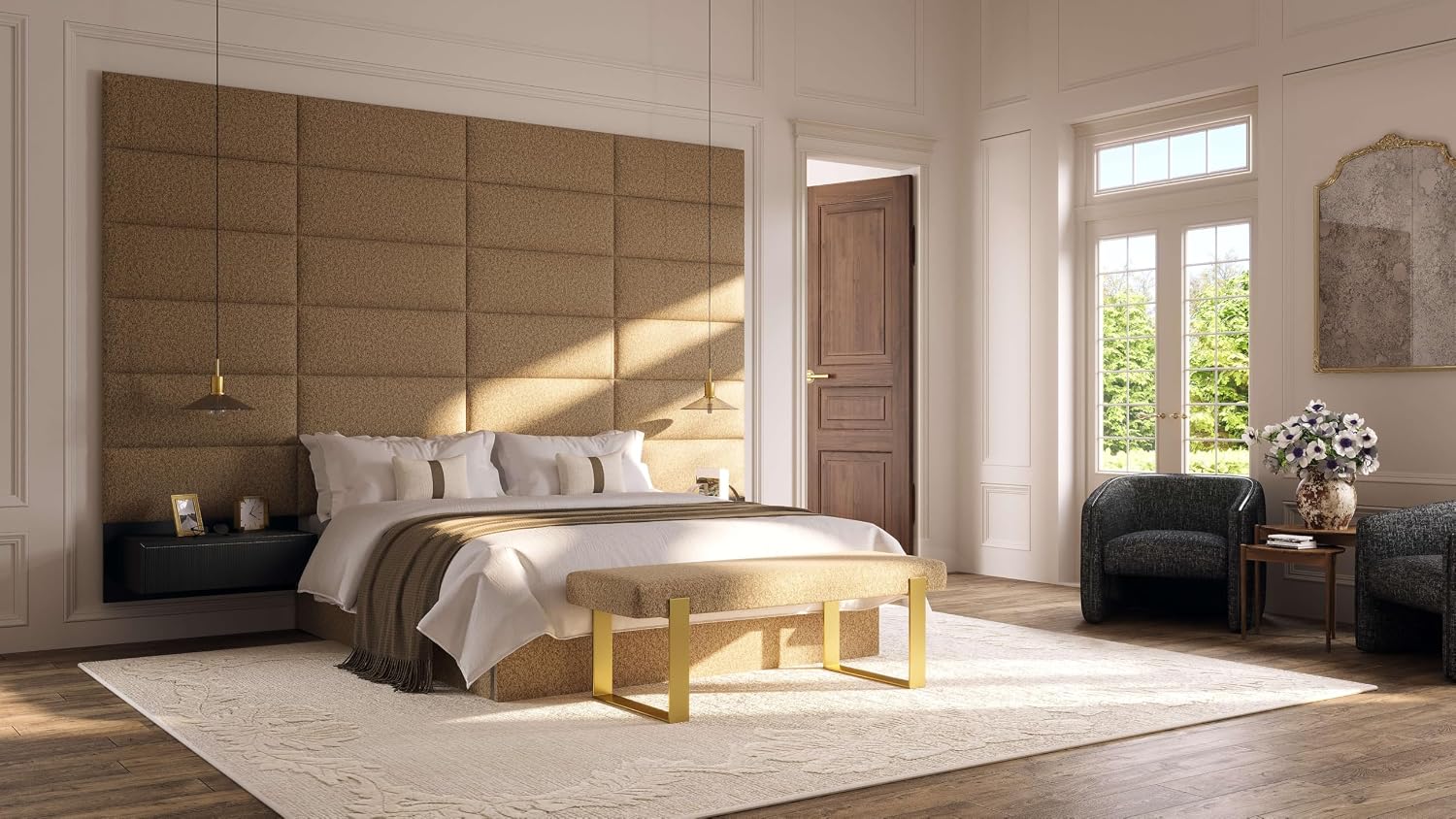 Vänt Upholstered Wall Mounted Headboard Panels -Isabelle Layout - 60' X 23'-Configuration of 4 Individual Panels - Recommended for Queen-Full - Velvet/Black