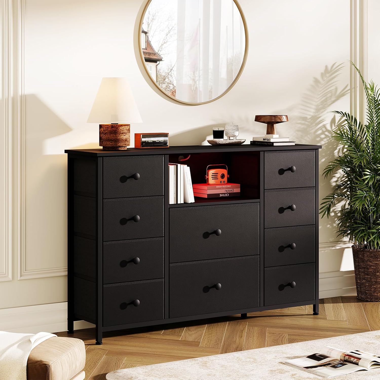 Dresser for Bedroom with 10 Drawers, Black Storage Organizer TV Stand for 55' TV with LED Lights and Sockets, Fabric Chest of Drawers with PU Finish for Closets, Entryway, Living Room, Hallway