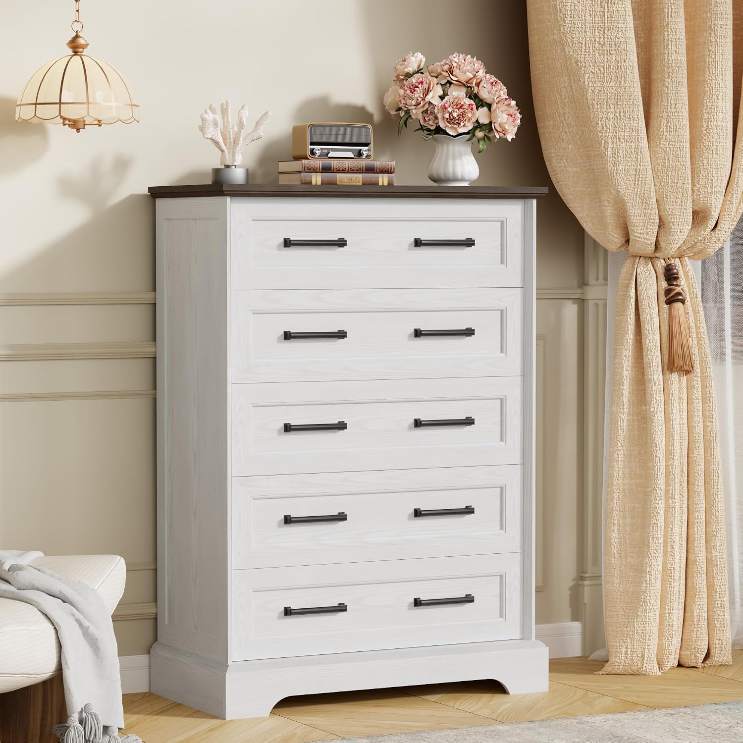 Furmax Farmhouse Dresser for Bedroom, 5 Drawers Dresser, Wood Chest of Drawers, 31.5' Wide Storage Dressers Organizer for Bedroom, Living Room (White and Brown)