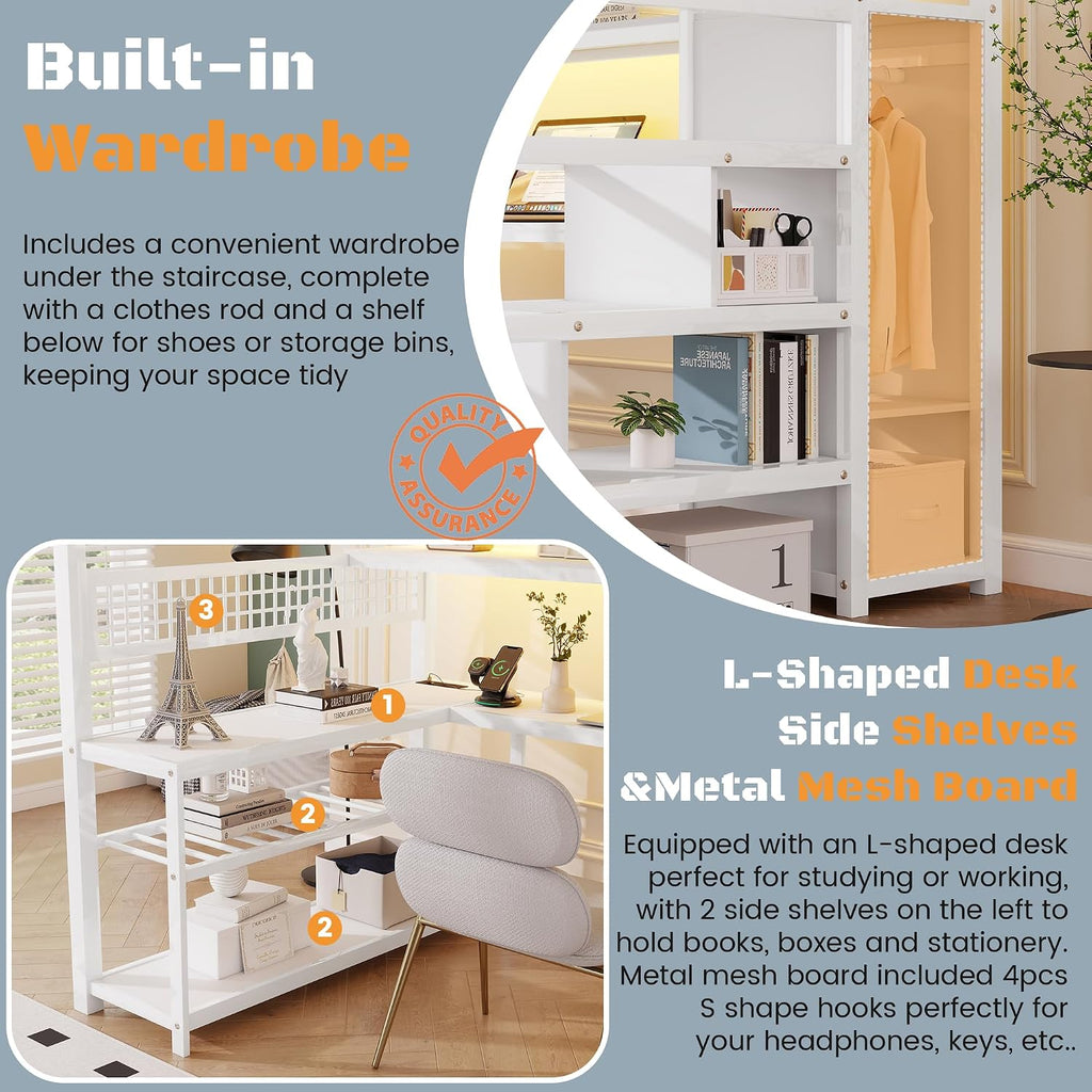 Full Size Loft Bed with Stairs and Desk,Metal Gaming LoftBed with LED Lights,Charging Station, High Loft Beds Frame Full with Storage Shelves,Wardrobe for Teens, Adults, White