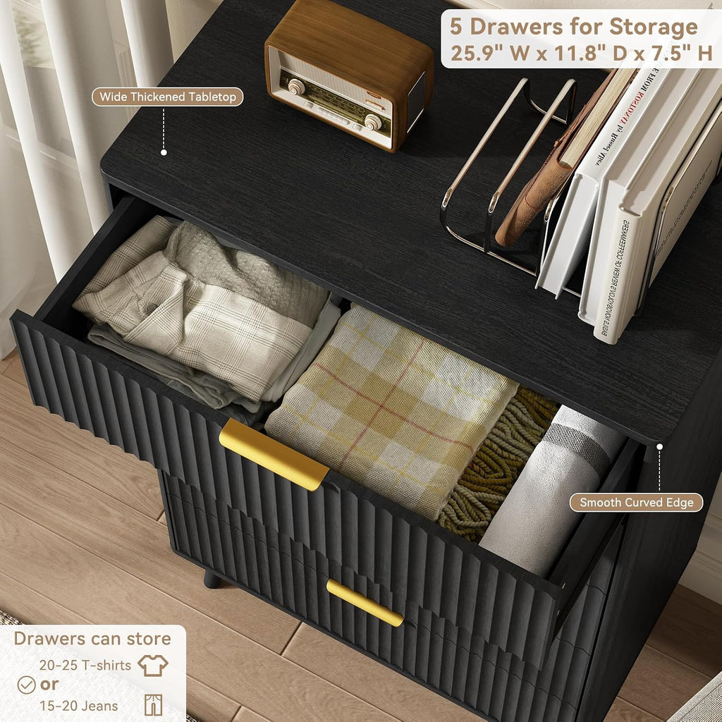 CARPETNAL Fluted 5 Drawers Dresser for Bedroom, 45' Tall Wooden Chest of Drawers with Rounded Corners, Gold Handles, Modern Storage Organizer for Bedroom, Hallway (Black)