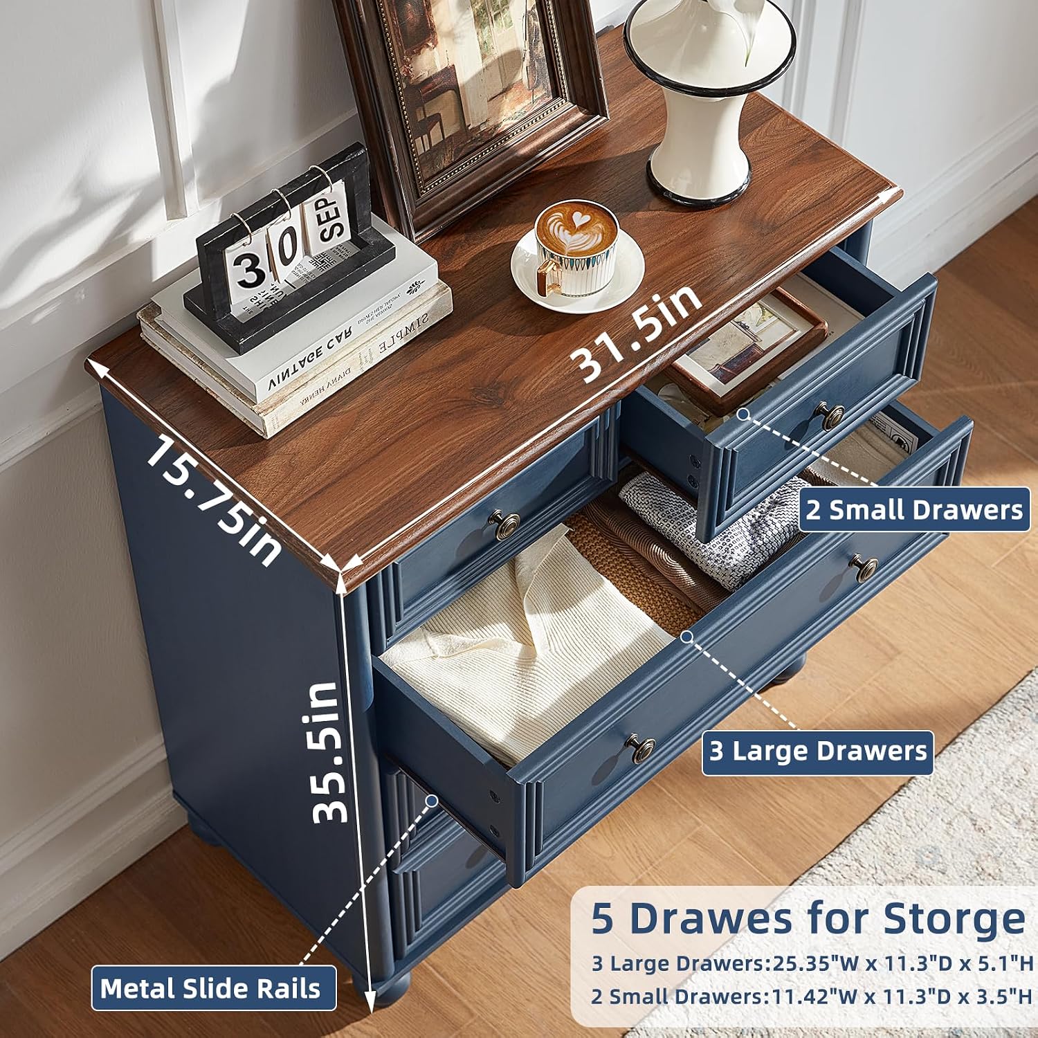 RWYHG Farmhouse 5 Drawer Dresser, Blue Rustic Chest of Drawers, 35.5' Tall Small Dressers for Bedroom with Roman Column and Metal Handles,Wood Storage Organizer for Living Room, Hallway, Closet