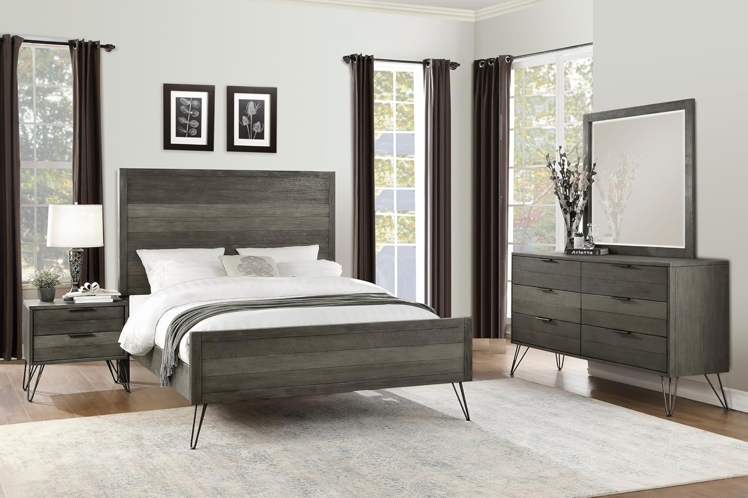 5-Piece Modern Full Size Bed Set Panel Gray Finish Solid Acacia Wood Metal Legs Bedroom Furniture