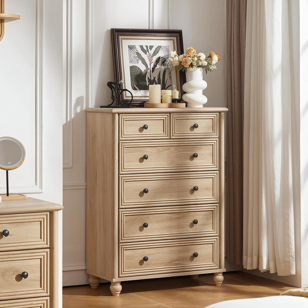 RWYHG Farmhouse 6 Drawer Dresser, 15.75'D x 31.5'W x 43.5'H Chest of Drawers for Bedroom, Natural Tall Dresser with 4 Solid Wood Feet, Wood Storage Dressers Organizer for Living Room Hallway Closet