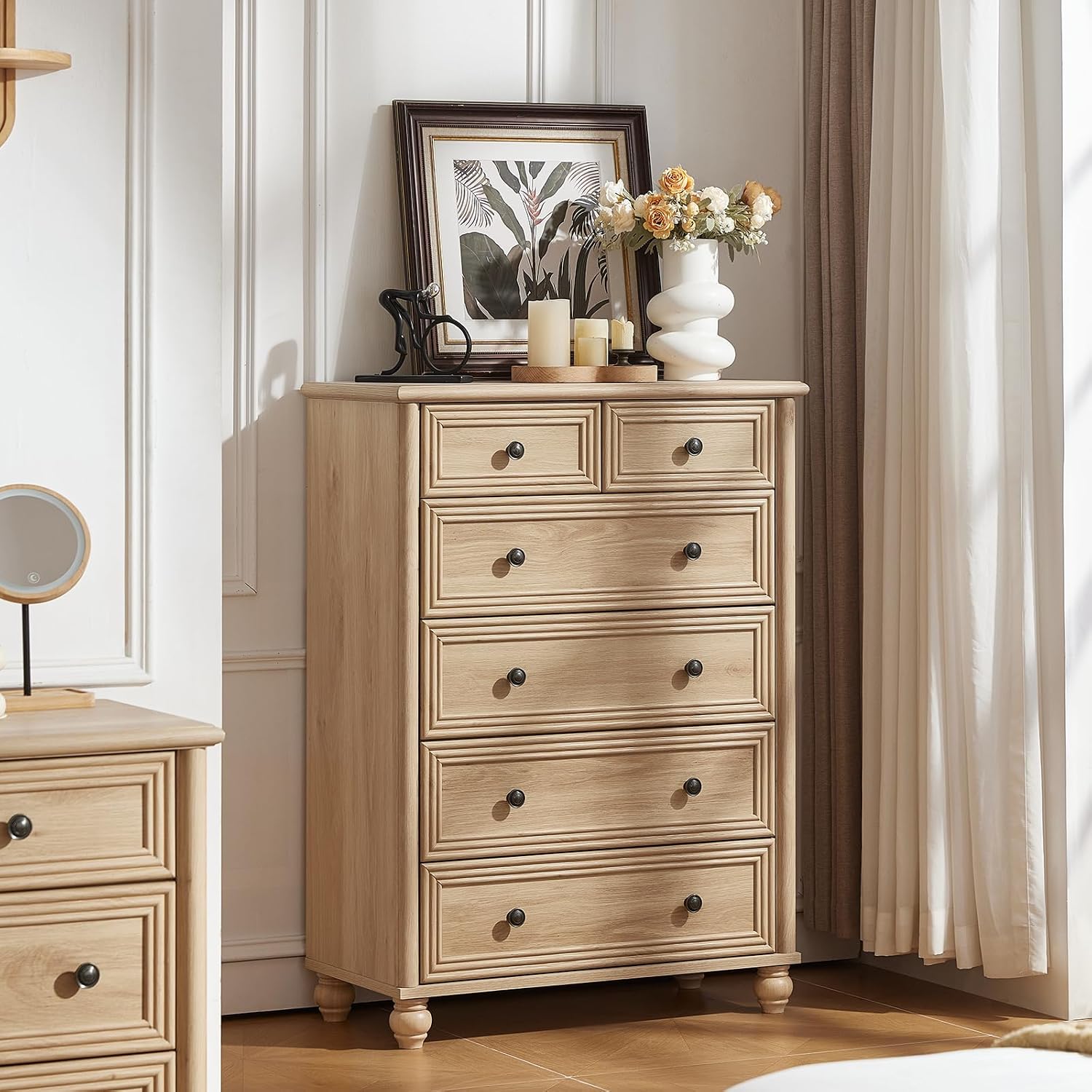 RWYHG Farmhouse 6 Drawer Dresser, 15.75'D x 31.5'W x 43.5'H Chest of Drawers for Bedroom, Natural Tall Dresser with 4 Solid Wood Feet, Wood Storage Dressers Organizer for Living Room Hallway Closet