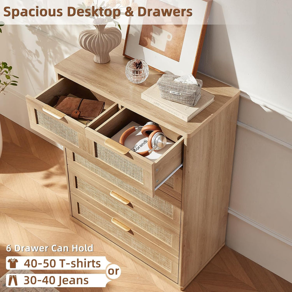 LEYAOYAO Rattan Dresser for Bedroom, 41' Tall Chest of Drawers, Modern 6 Drawers Boho Dressers with Storage, Light Oak Dresser Wooden Closet Organizer for Living Room, Hallway, Natural Wood