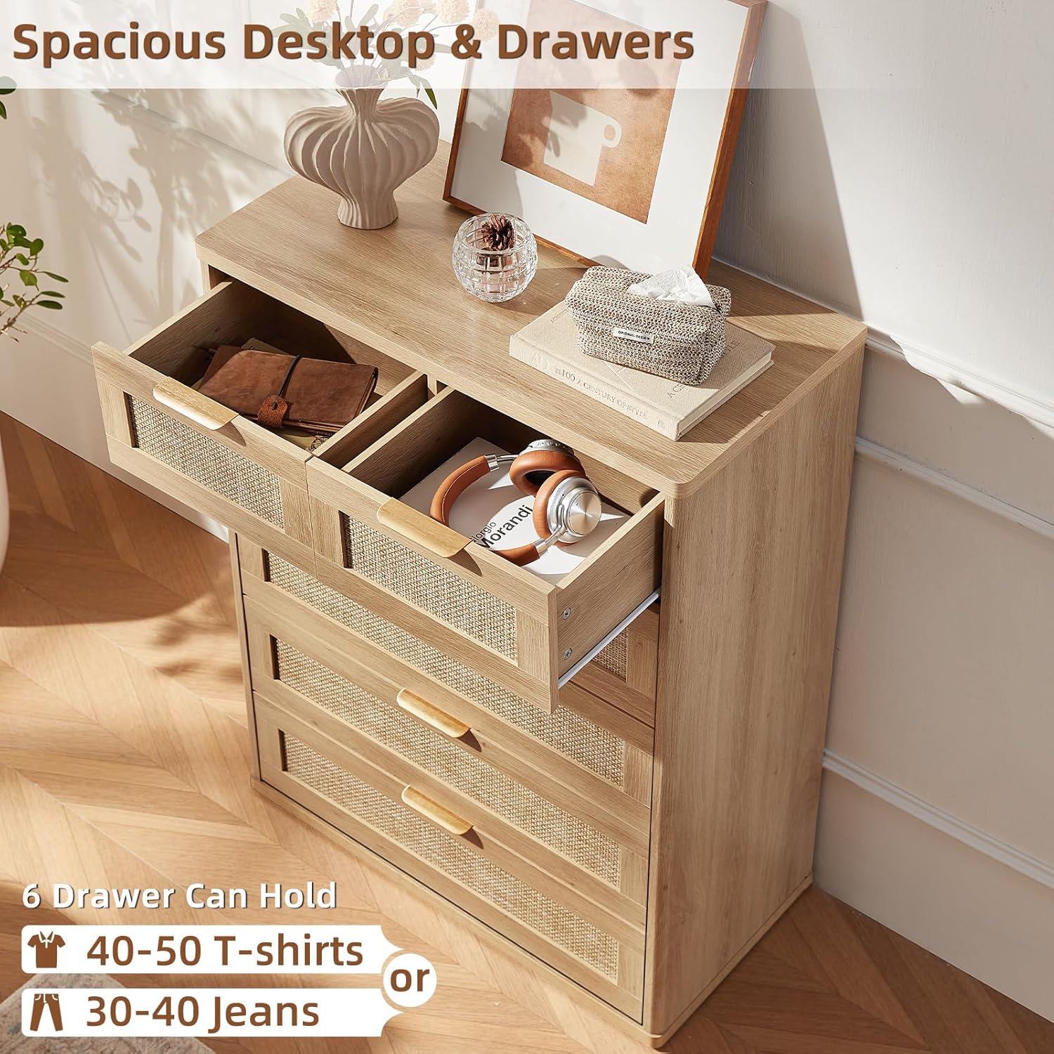 LEYAOYAO Rattan Dresser for Bedroom, 41' Tall Chest of Drawers, Modern 6 Drawers Boho Dressers with Storage, Light Oak Dresser Wooden Closet Organizer for Living Room, Hallway, Natural Wood