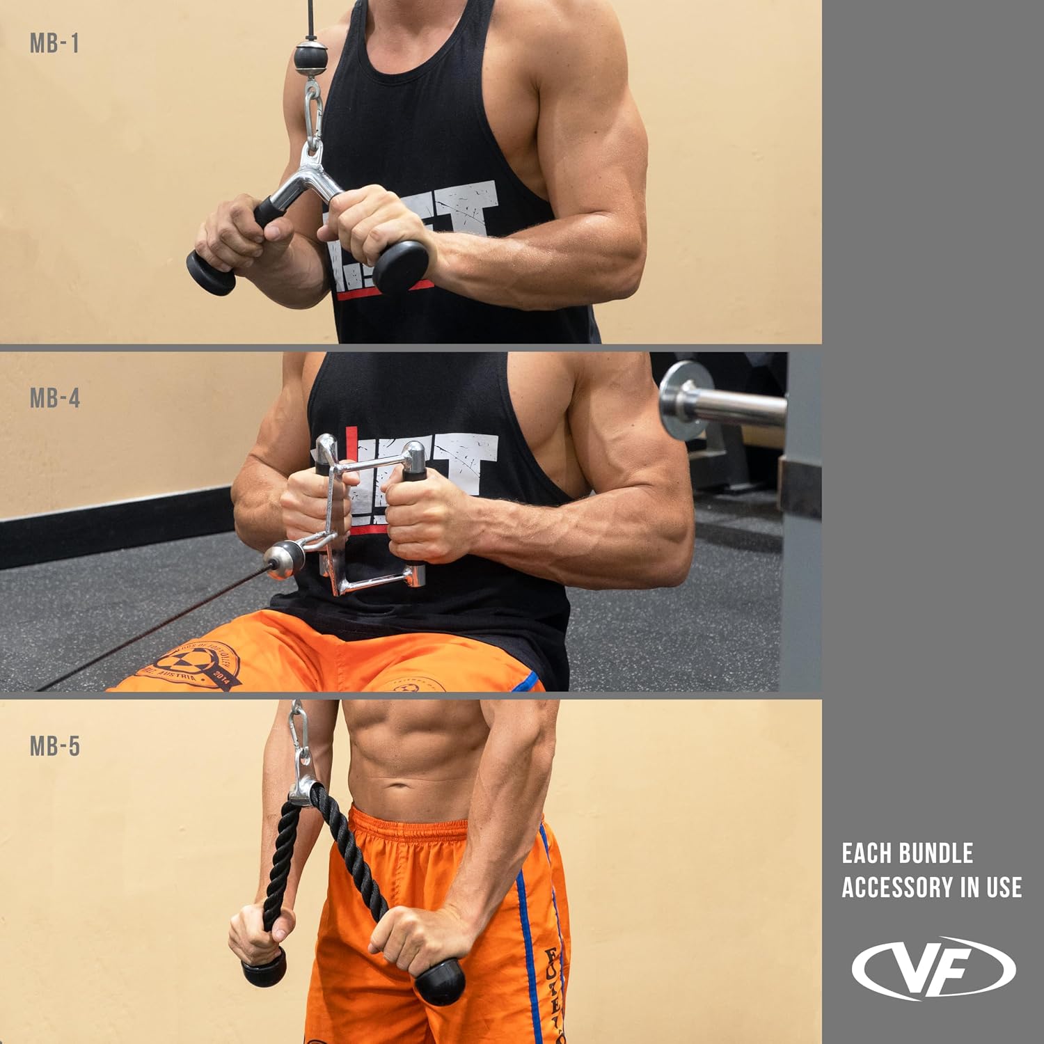 Valor Fitness Cable Machine Attachments - Tricep Rope, V-Bar, Single D-Handle, Rotating Straight Bar, Ankle Strap, Ab Crunch Harness, Triangle Chest Pull for Home Gym Equipment