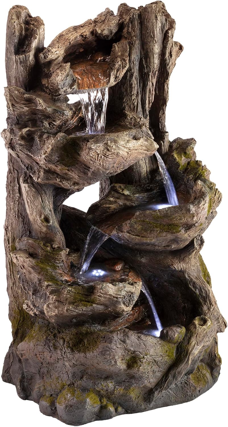 Alpine Corporation WIN794 Outdoor 5 Tier Rainforest Waterfall Fountain with LED Lights, 39' Tall, Brown