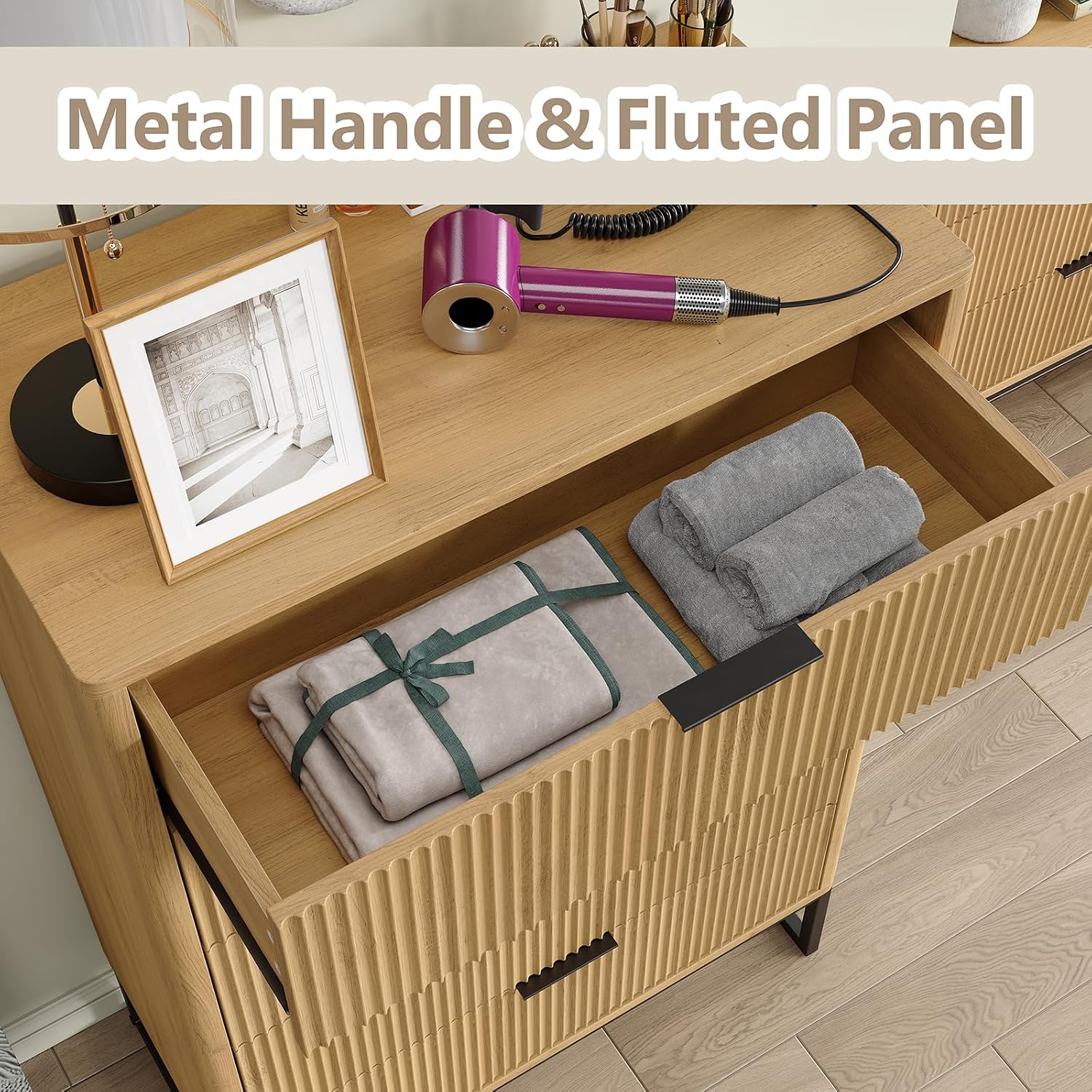 Furniouse Fluted 5 Drawers Dresser,Storage Drawers,Modern Closet Dressers Chest of Drawers, Wood Storage Dresser Organizer for Bedroom