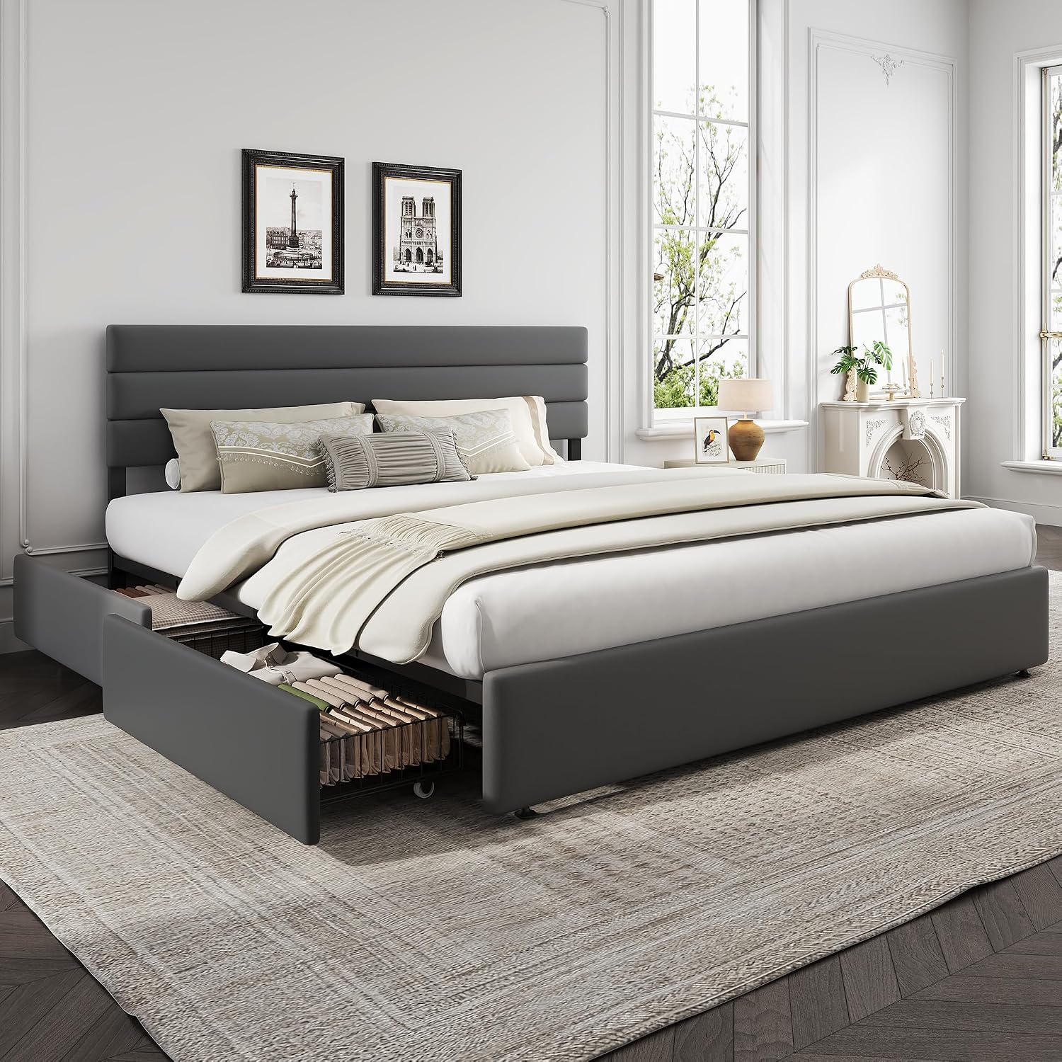 WLIVE King Size Upholstered Bed Frame with 4 Storage Drawers and Headboard, Velvet Platform Bedframe, Sturdy Metal & Wooden Slats Support, No Box Spring Needed, Easy Assembly, Dark Grey