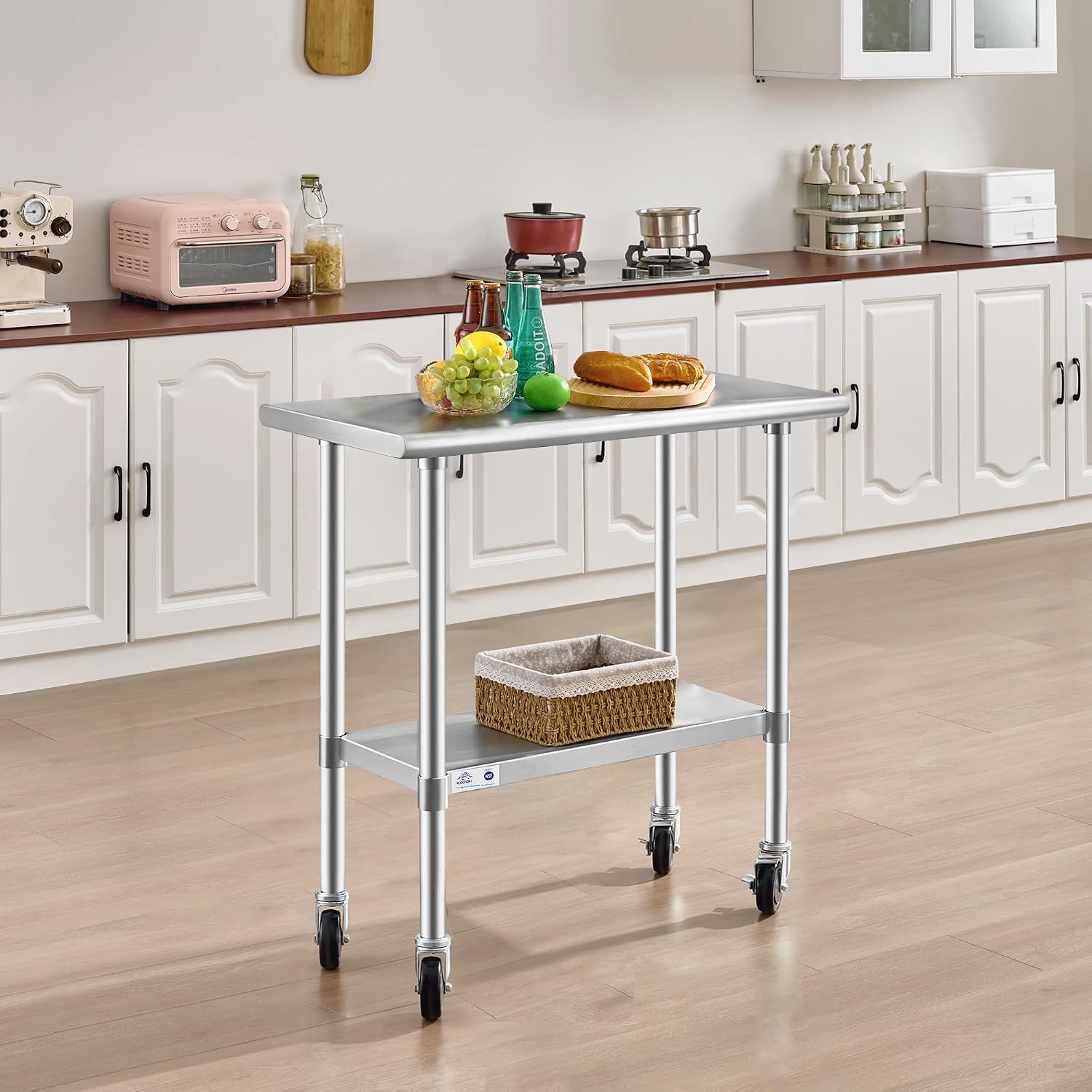 ROCKPOINT Stainless Steel Table for Prep & Work with Caster Wheels 18x36 Inches, NSF Metal Commercial Kitchen Heavy Duty Table with Adjustable Under Shelf and Table Foot for Restaurant, Home and Hotel