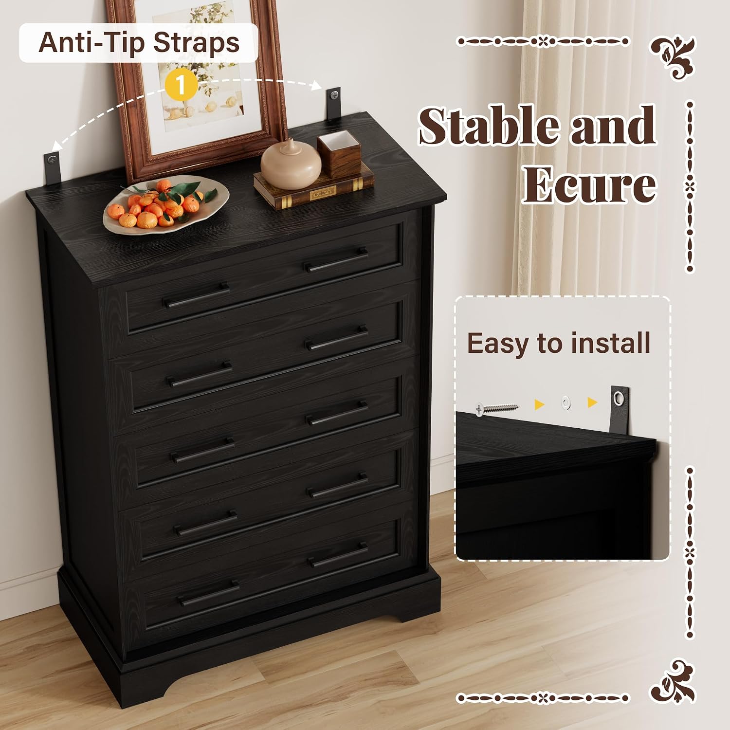 Furmax Farmhouse Dresser for Bedroom, 5 Drawers Dresser, Wood Chest of Drawers, 31.5' Wide Storage Dressers Organizer for Bedroom, Living Room (Black)