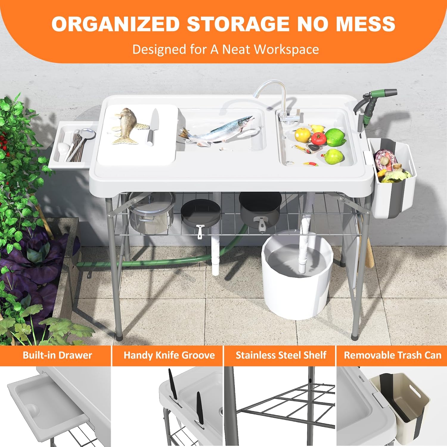 Folding Fish Cleaning Table with 2 Sinks, 42.5'' Portable Camping Sink Table with Foldable Faucet, Drainage Hose, Sprayer, Storage Box,Drawer & Grooves, Outdoor Fillet Station for Picnic, White