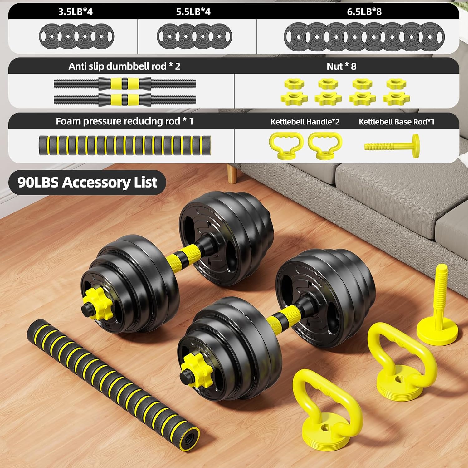 Adjustable Dumbbell Set, 10-90lbs Free Weights with Connector – 4 in 1 Dumbbells, Barbell, Kettlebell & Push Up Stand, Adjustable Weights Set for Home Gym Fitness Equipment for Men & Women