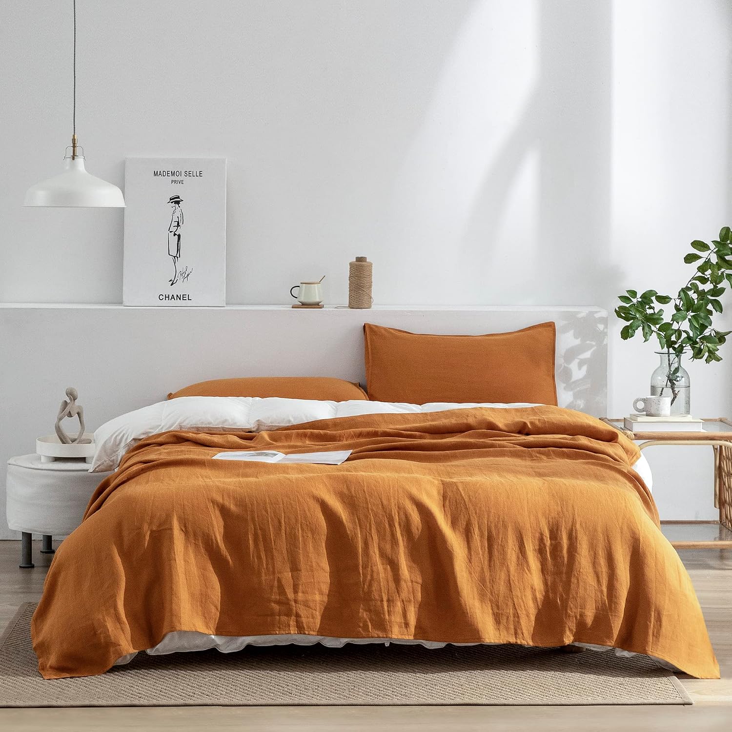 EVERLY Linen Sheets Set Full Size,100% French Stonewash Pure Linen Sheets Set,4Pieces (1Flat Sheet,1Fitted Sheet,2Pillowcase) Suitable for Hot Sleepers,16Inch Deep Pocket Natural Bedding Set-Caramel