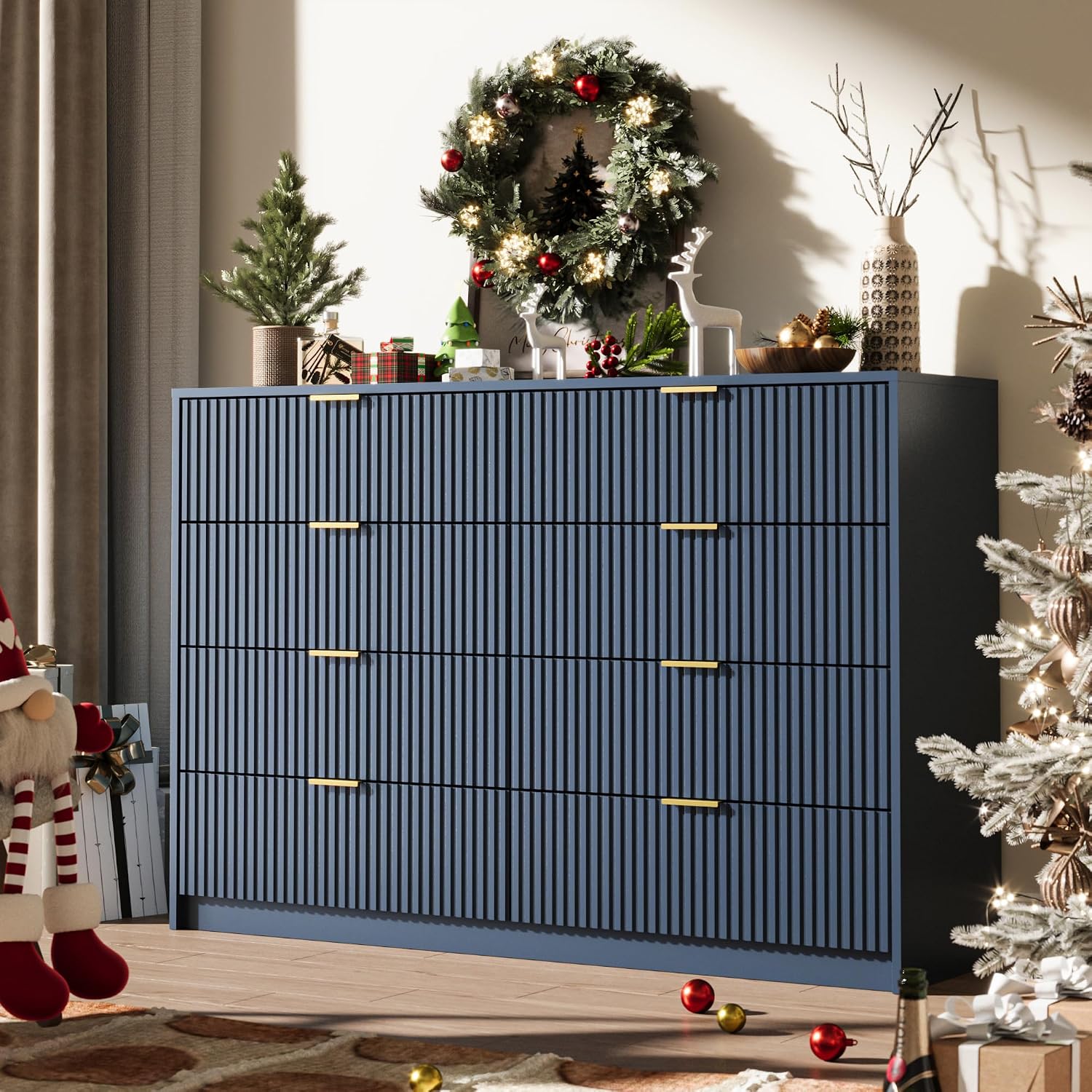 MAISONARIA Navy Dresser for Bedroom, 8 Drawer Double Dresser, Modern Chest of Drawers for Bedroom, Living Room, Entryway and Closet, 55' L x 15.7' D x 37.4' H
