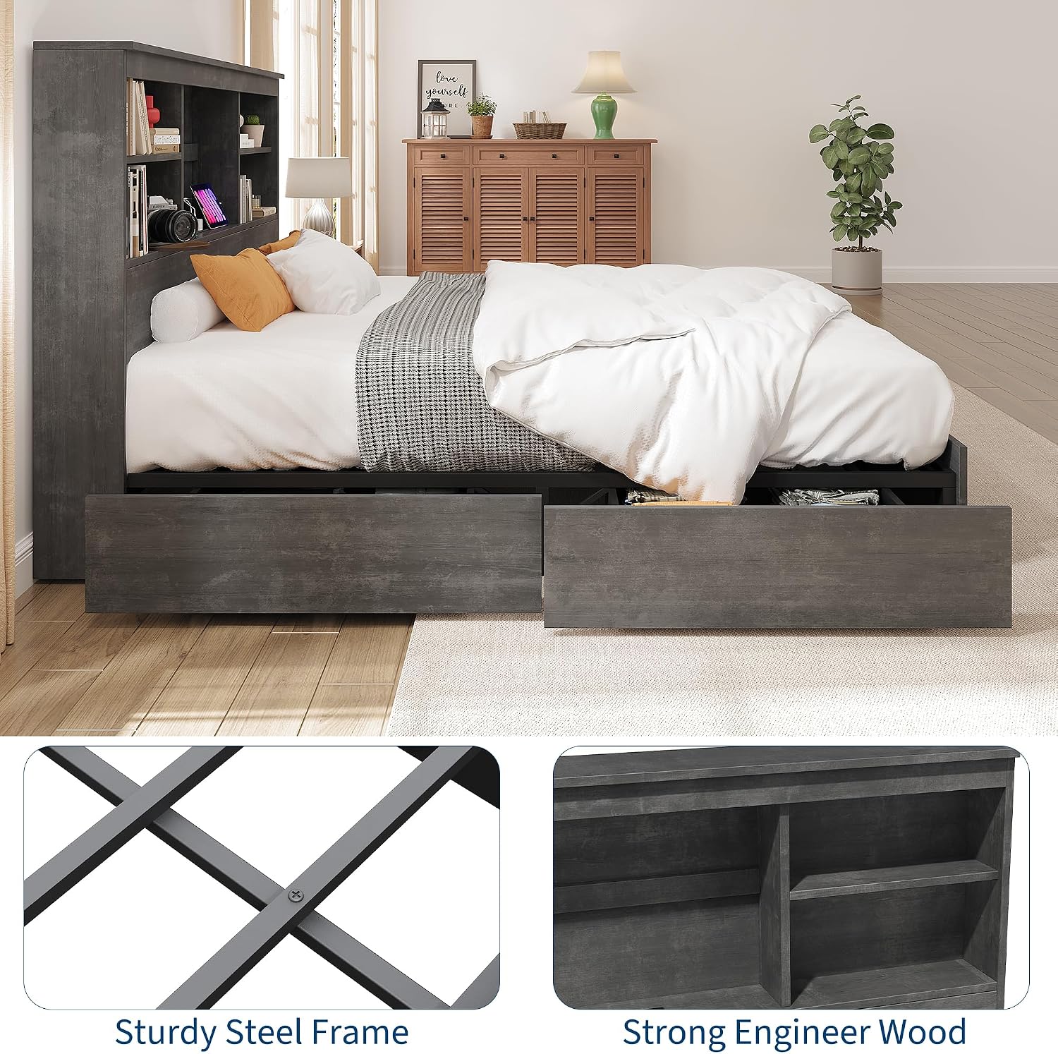 GarveeHome Full Size Bed Frame with High Storage Bookcase Headboard, Wood Bed Frame with 4 Storage Drawers, Built in Charging Station, No Box Spring Needed, Metal Frame, Noise-Free, Ink