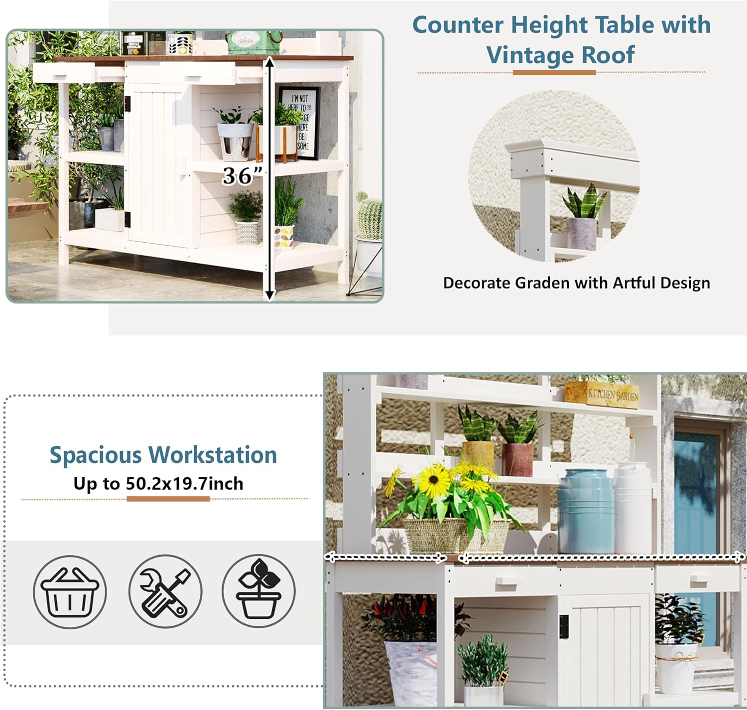 66' Large Outdoor Farmhouse Wooden Potting Bench Table, Garden Workstation with 2 Drawers, Cabinet and Open Shelves for Backyard, Mudroom (white)