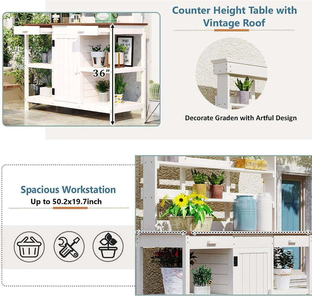 Outdoor Garden Potting Bench Table, 66' Large Farmhouse Wooden Garden Potting Table with 2 Drawers, Cabinet and 4-Tier Open Shelves, Garden Workstation Backyard Mudroom (White Frame+Brown top)