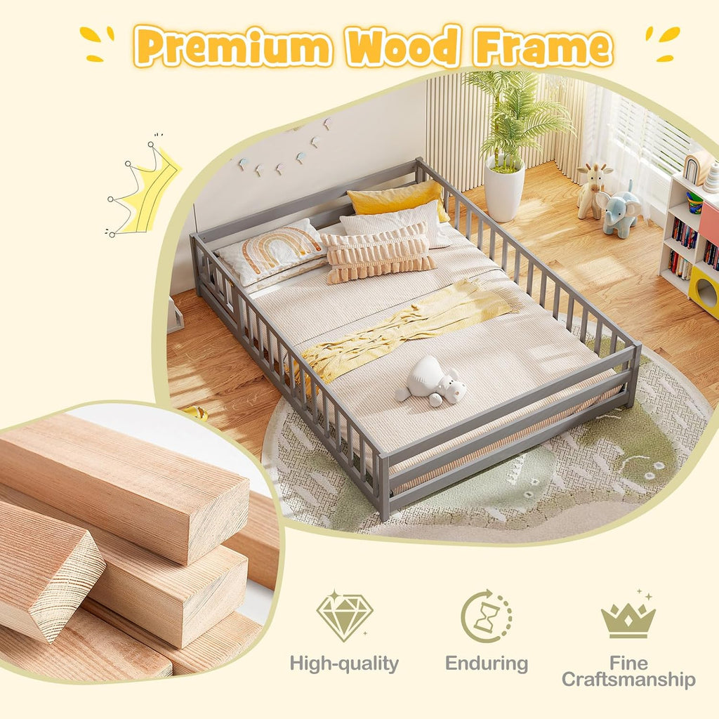 KOMFOTT Full Size Wood Floor Bed with Door & Fence, Montessori Bed Frame with Full Length Safety Guardrails, Door & Latch, Wooden Montessori Floor Bed for Kids, Girls, Boys (Full,Grey)