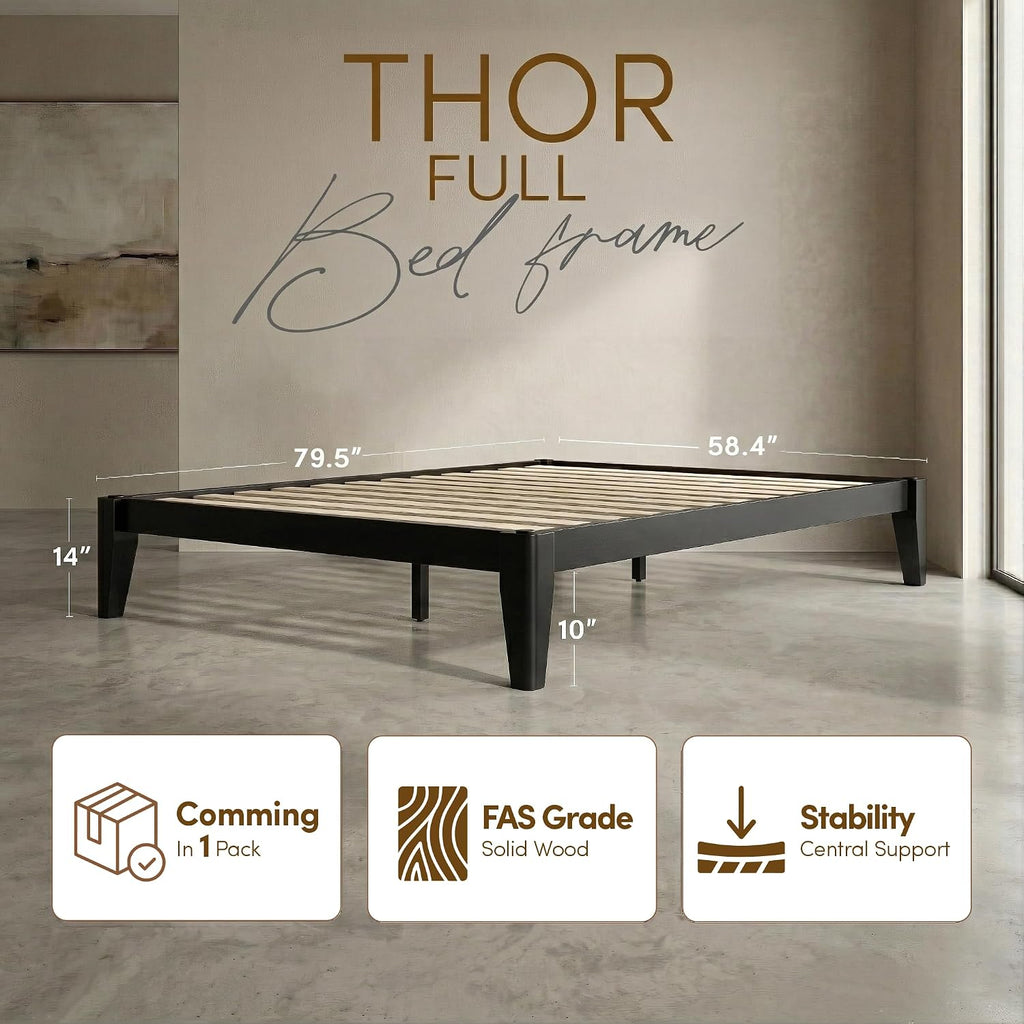 Thor Premium Solid Wood Bed Frame Full, Japanese Joinery Bed Frame with Wood Slat Support, Platform Bed, No Box Spring Needed, Easy Assembly, Minimalist & Modern Style (Midnight Charcoal)