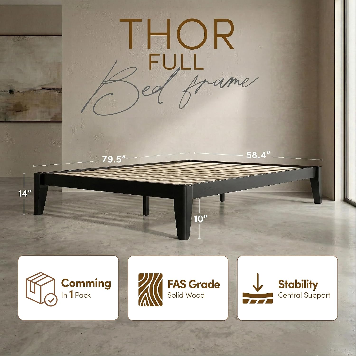 Thor Premium Solid Wood Bed Frame Full, Japanese Joinery Bed Frame with Wood Slat Support, Platform Bed, No Box Spring Needed, Easy Assembly, Minimalist & Modern Style (Midnight Charcoal)