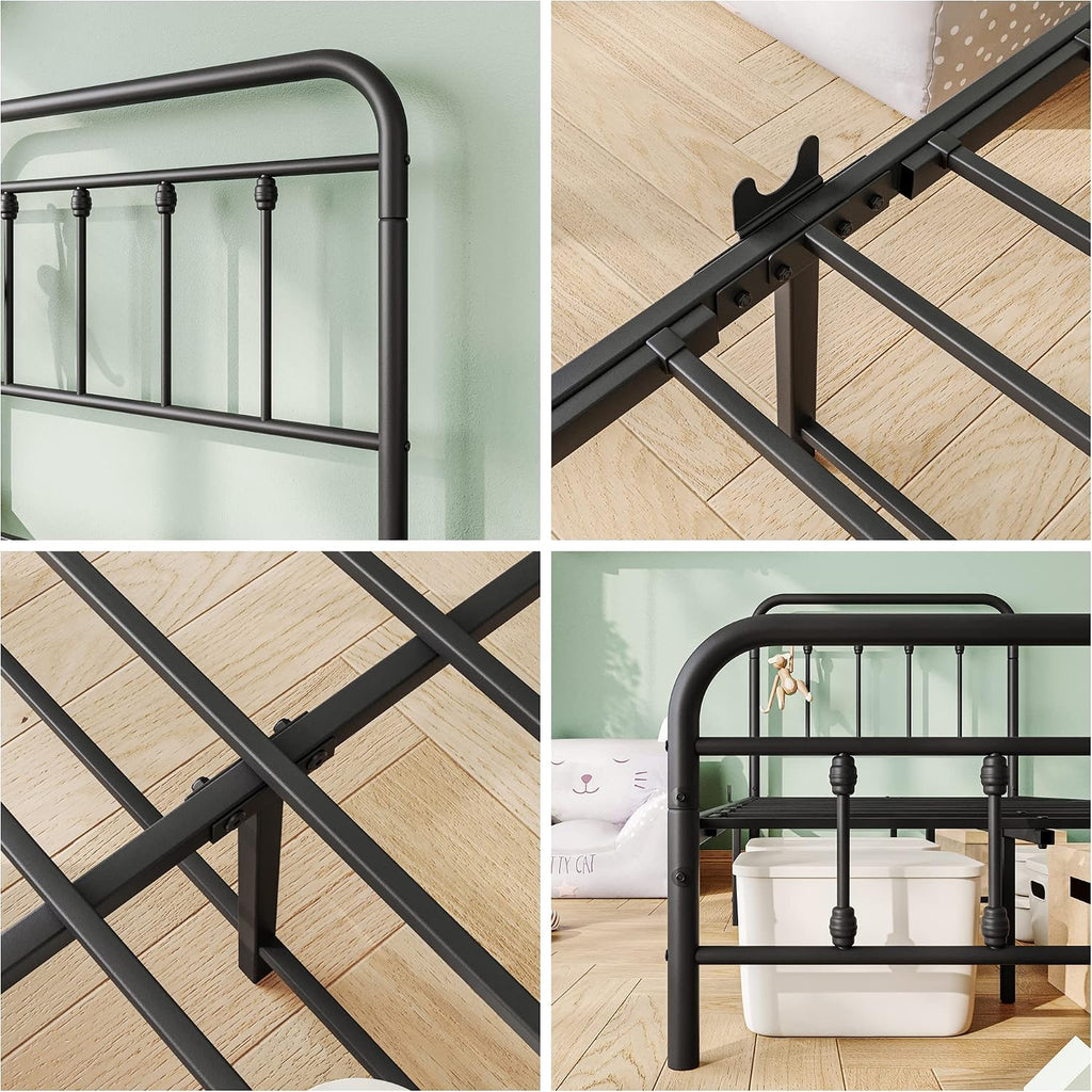 Vintage Twin Size Bed Frame with Headboard and Footboard Mattress Heavy Duty Metal Platform, Steel Slat Support (Twin, Black Sanded)