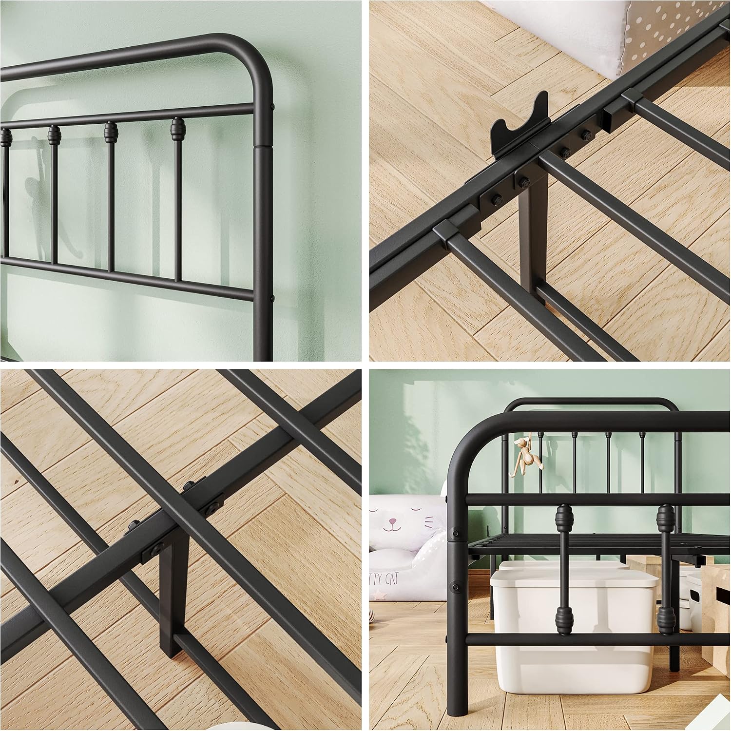 Vintage Twin Size Bed Frame with Headboard and Footboard Mattress Heavy Duty Metal Platform, Steel Slat Support (Twin, Black Sanded)