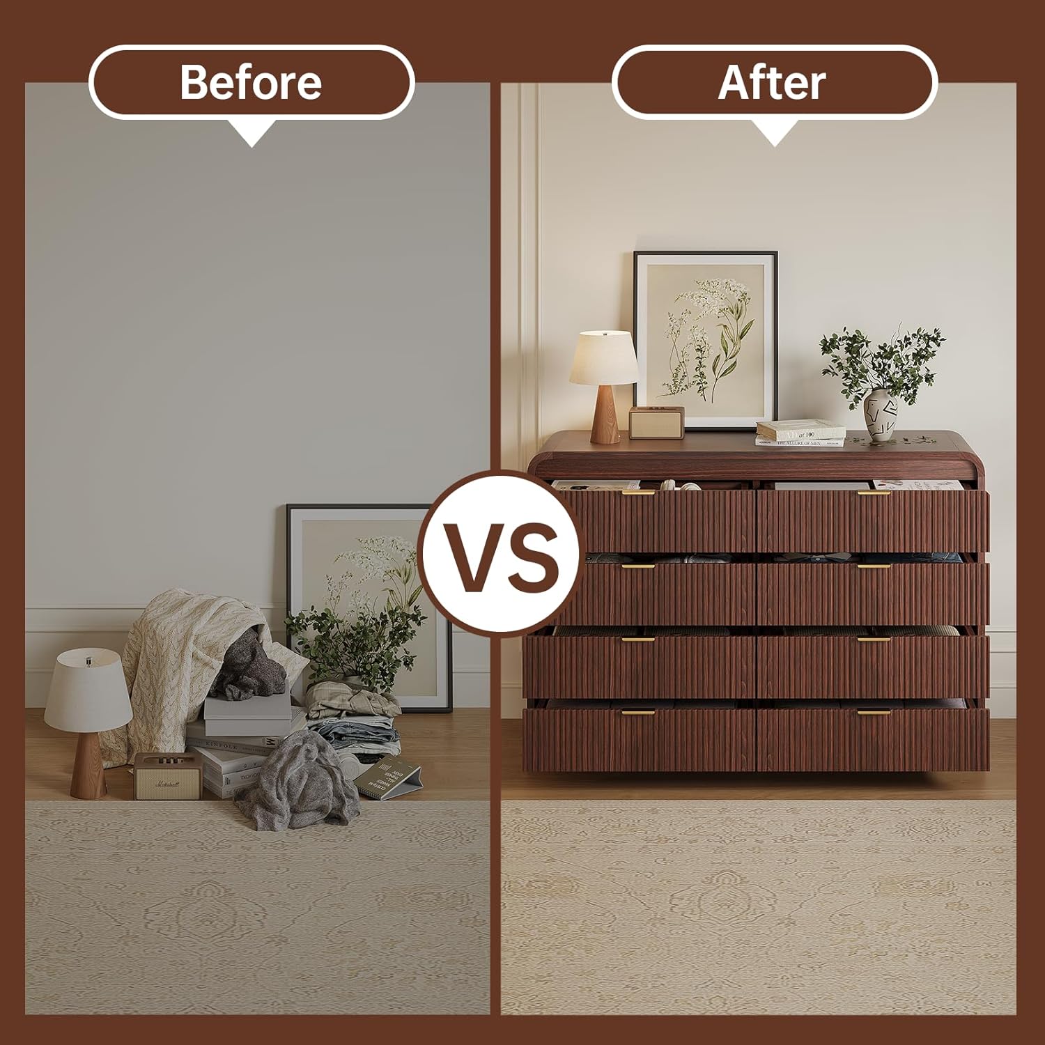 FURSUN Fluted 8 Drawers Dresser for Bedroom, 55' Wide Wooden Dresser with Metal Handle, Curved Profile Design, Modern Storage Organizer for Bedroom, Living Room, Hallway, Dark Walnut