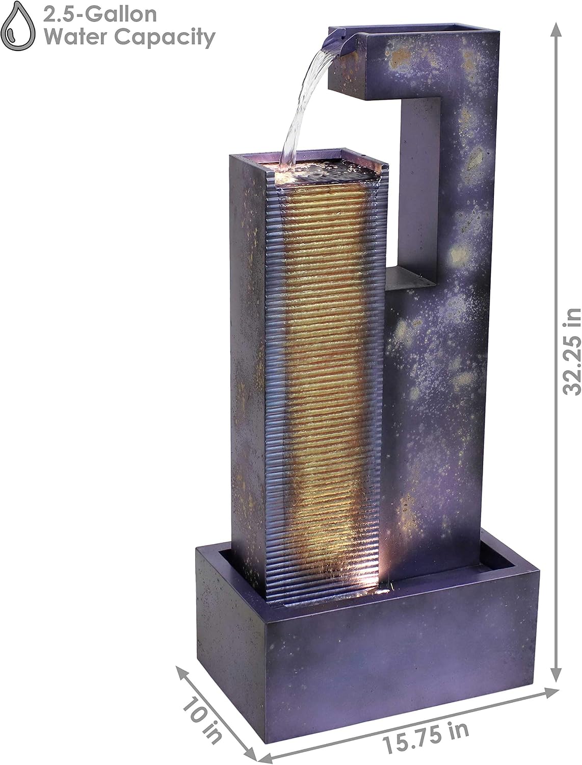 Sunnydaze Cascading Tower 32-Inch Outdoor Metal Fountain with LED Lights - Electric Submersible Pump with Adjustable Flow