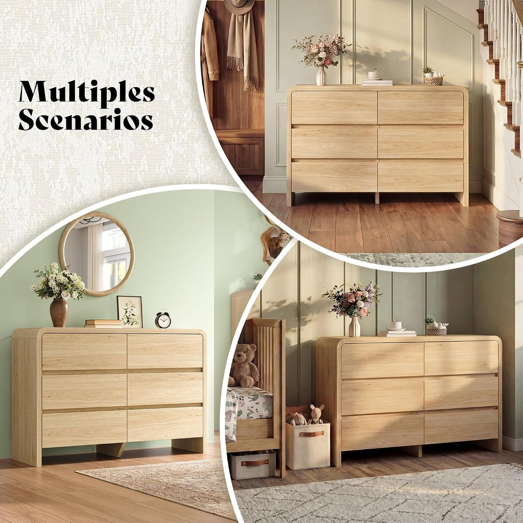 AMERLIFE 6 Drawer Dresser for Bedroom, 49' Wide Modern Storage Cabinet with Rounded Edges & Anti-Tip Kit, Wood Chest of Drawers for Closet, Hallway or Nursery, Easy Assembly, Light Oak Finish