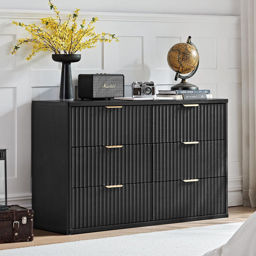 LEYAOYAO Fluted Dresser and 2 Drawers Nightstand Set of 2, Wood 48' Wide Dresser & 23' Night Stand with Charging Station, 3 Piece Bedroom Furniture Set, Chest of Drawers for Home,Living Room,Black