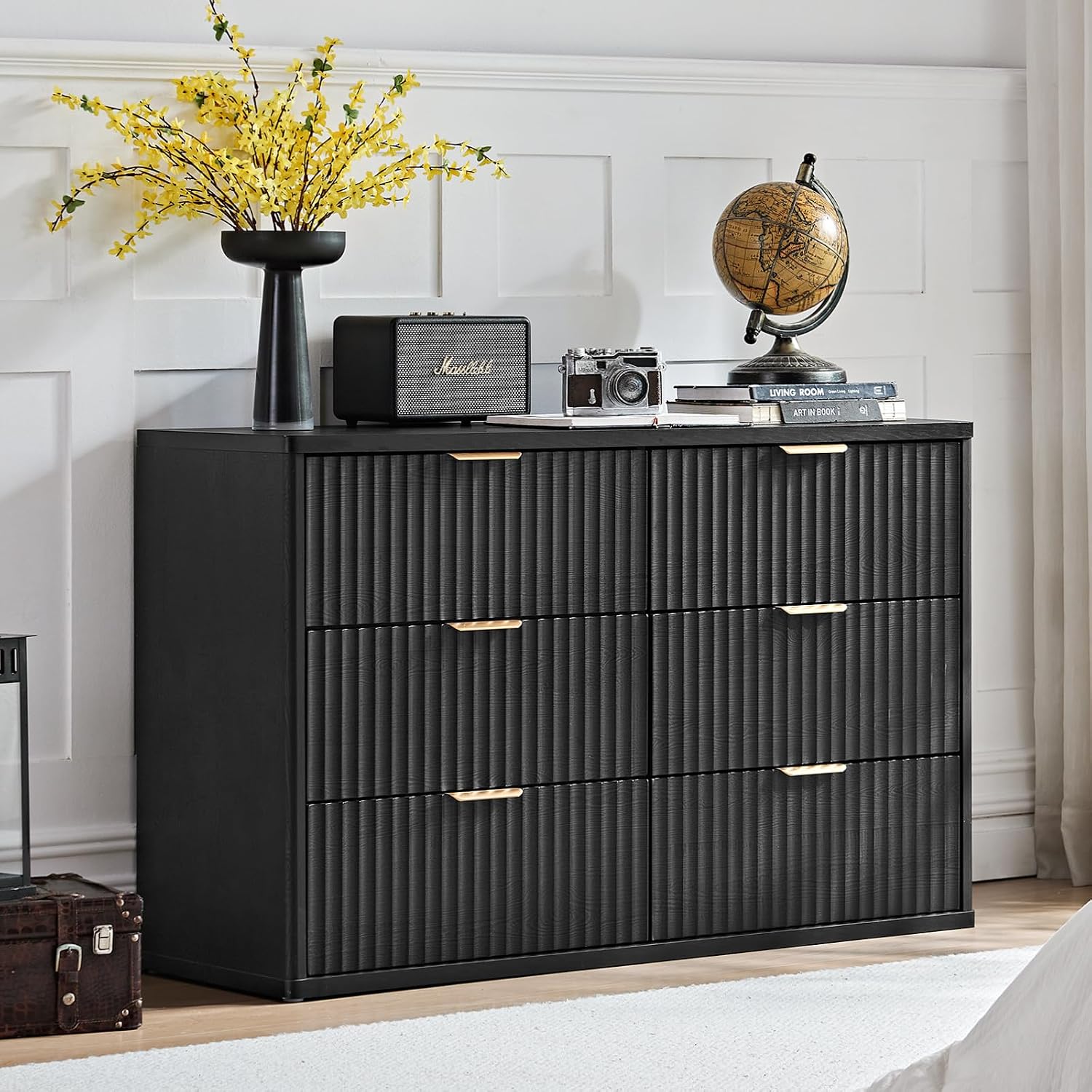 LEYAOYAO Fluted Dresser and 2 Drawers Nightstand Set of 2, Wood 48' Wide Dresser & 23' Night Stand with Charging Station, 3 Piece Bedroom Furniture Set, Chest of Drawers for Home,Living Room,Black