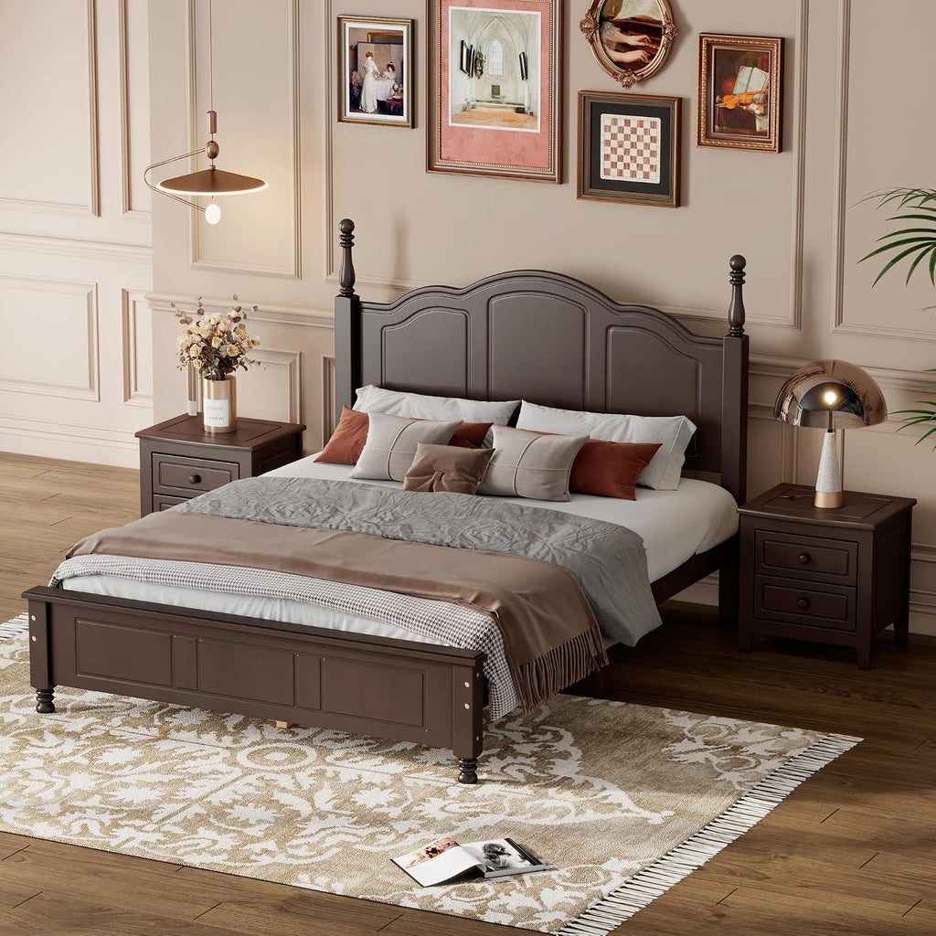 Merax 3-Pieces Bedroom Sets, Full Size Retro Style Wood Bed Frame with Two Nightstands and high Headboard for Bedroom, Wood Slat Support, No Box Spring Needed, Easy Assembly (Dark Walnut)