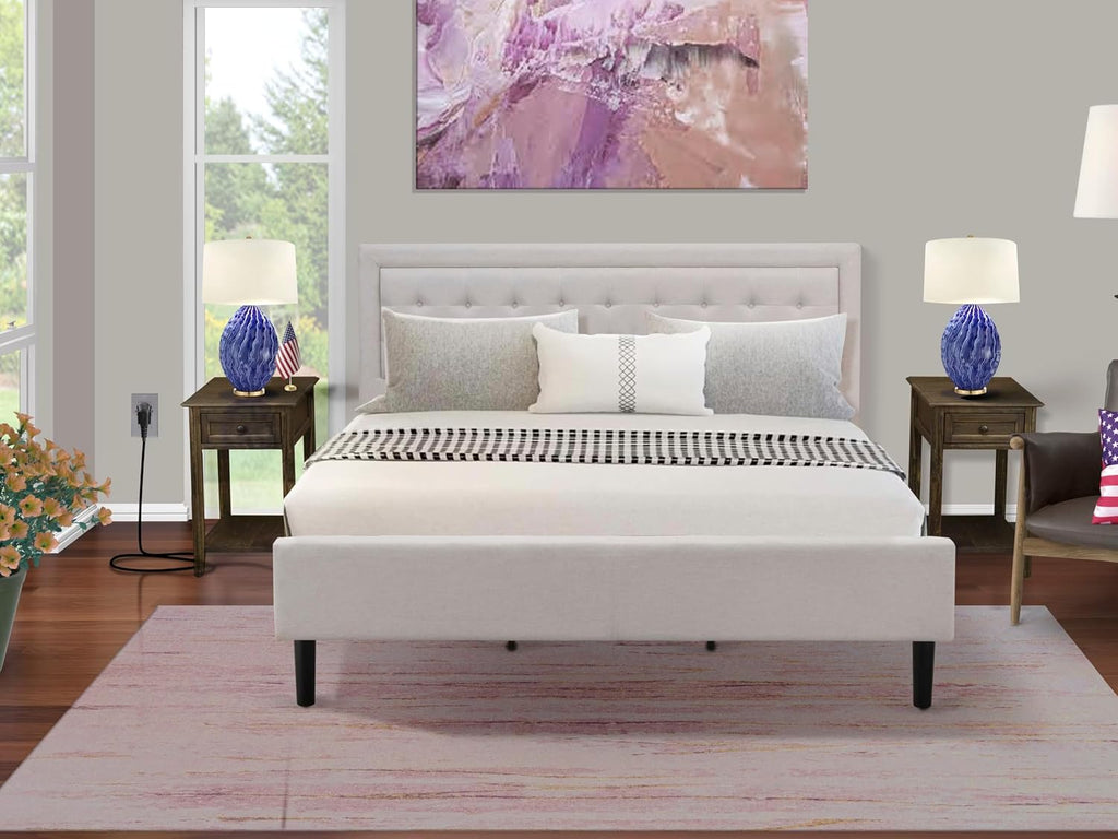 East West Furniture FN08K-2DE07 3-Piece Fannin King Size Bedroom Set with 1 King Size Bed Frame and 2 Mid Century Nightstands - Reliable and Sturdy Manufacturing - Mist Beige Linen Fabric