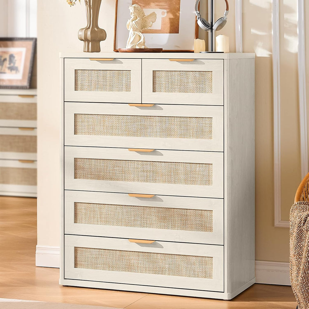 LEYAOYAO White Dresser for Bedroom Set of 2, 41' Tall Chest of Drawers, Modern 6 Drawers Boho Rattan Dressers with Storage, Dresser Wooden Closet Organizer for Living Room, Hallway
