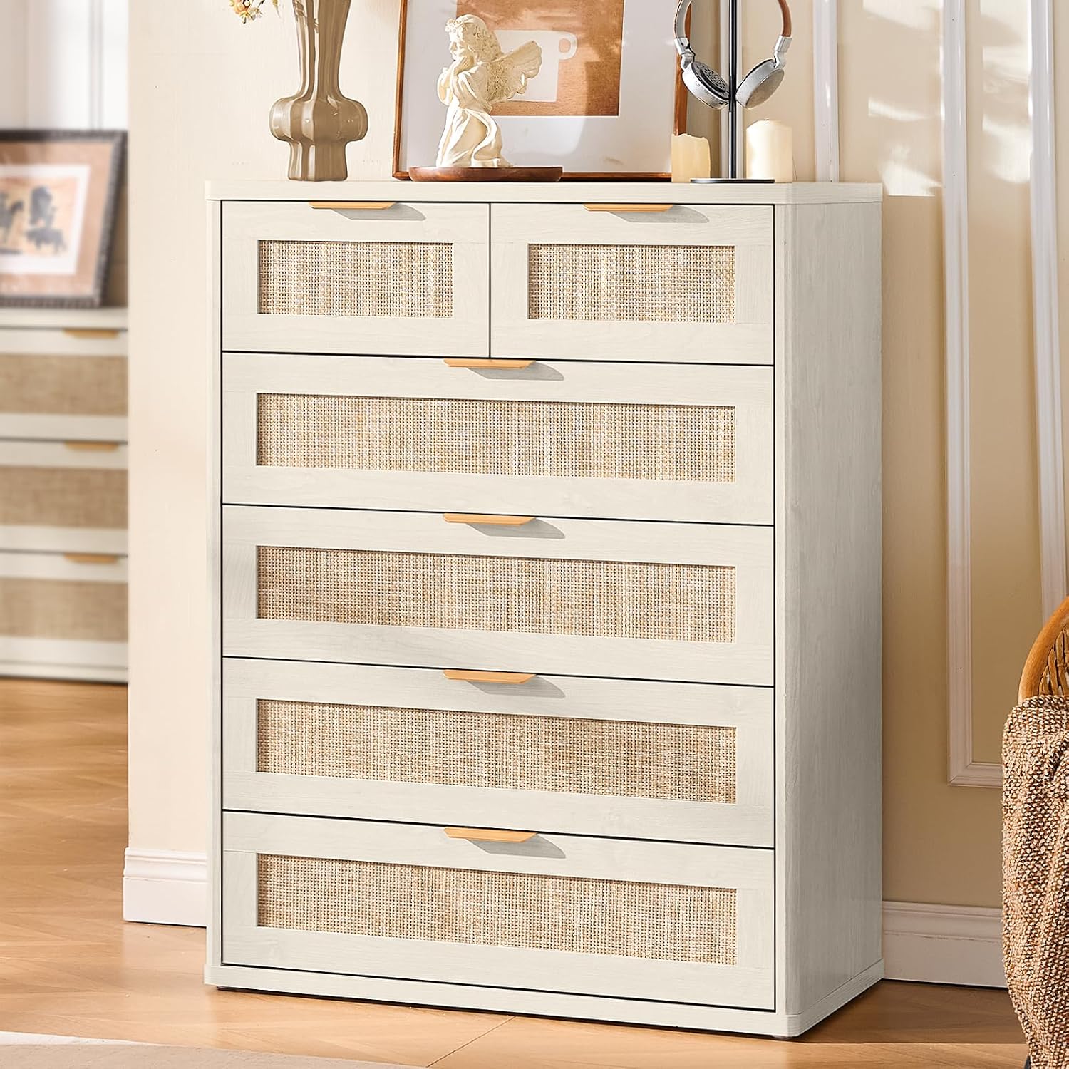 LEYAOYAO White Dresser for Bedroom Set of 2, 41' Tall Chest of Drawers, Modern 6 Drawers Boho Rattan Dressers with Storage, Dresser Wooden Closet Organizer for Living Room, Hallway