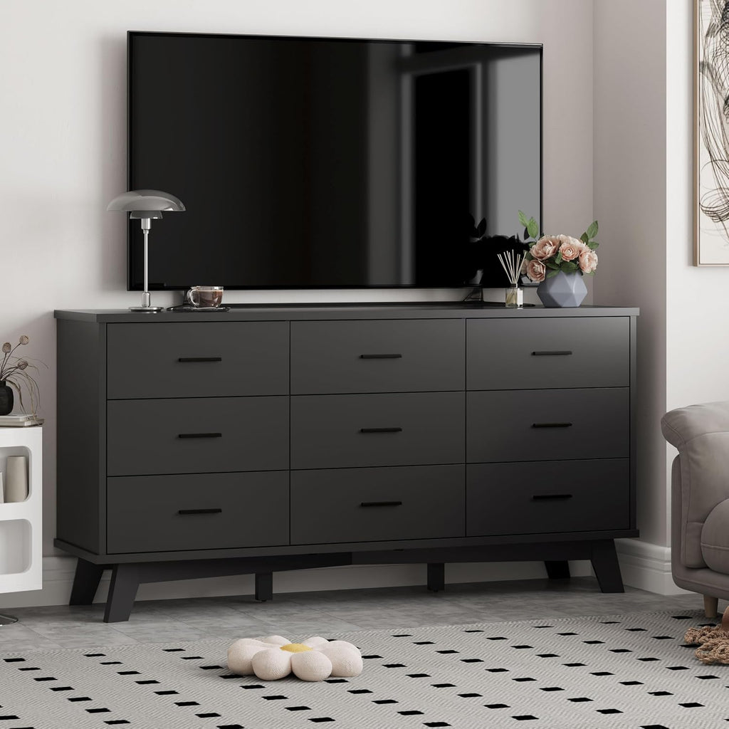 Xixini Dresser for Bedroom, Wide Wood 9 Drawer Modern Chest of Drawers with X-Shaped Sturdy Base, Double Dresser Closet Clothes Storage Organizer, Wooden TV Stand for Living Room, Hallway, Black