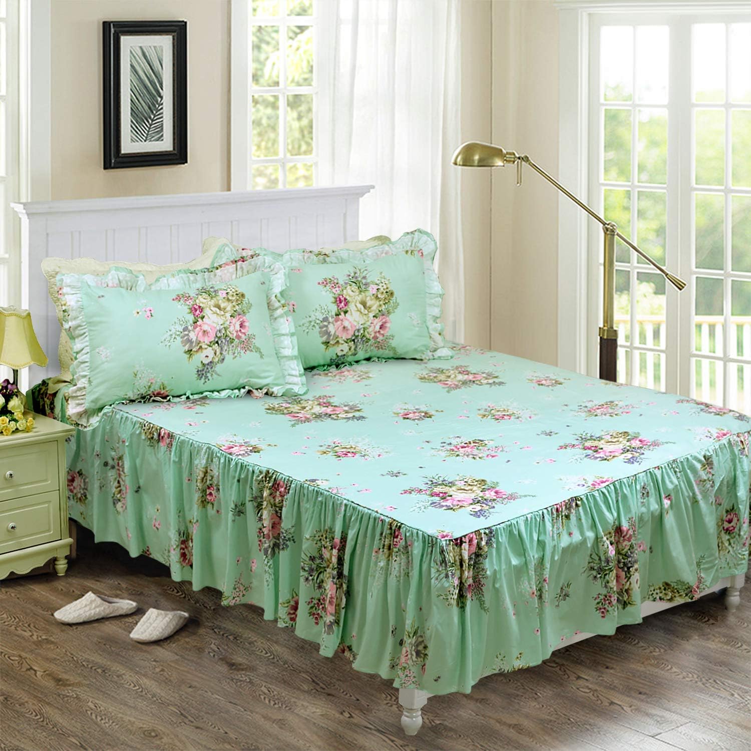FADFAY Shabby Green Floral Bedding 100% Cotton Princess Lace Ruffle Girls Duvet Cover Set with Bedskirt, 4Pcs, King Size