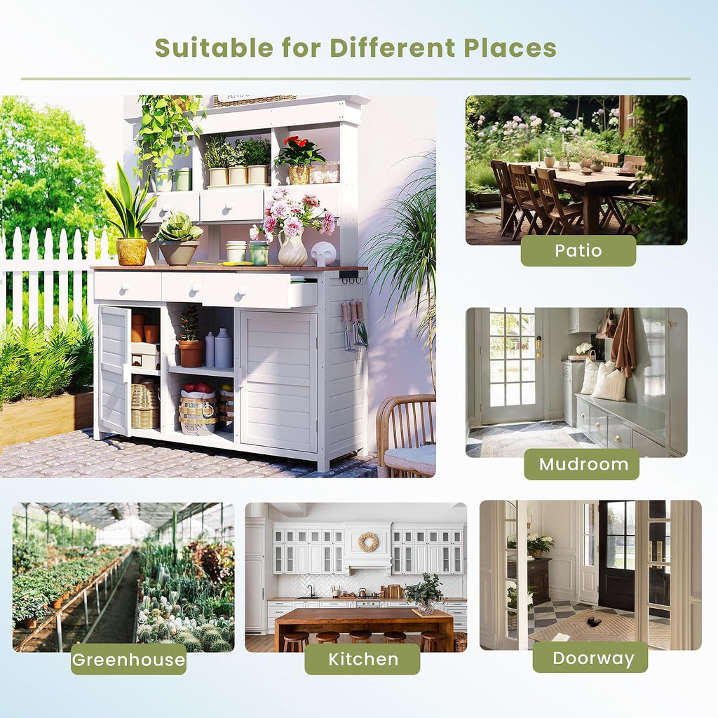 P PURLOVE Tall Garden Potting Bench Table with Hutch,Patio Storage Workstation with 3 Shelves,6 Drawers,2 Bottom Cabinets&Side Hooks for Mudroom,Doorway