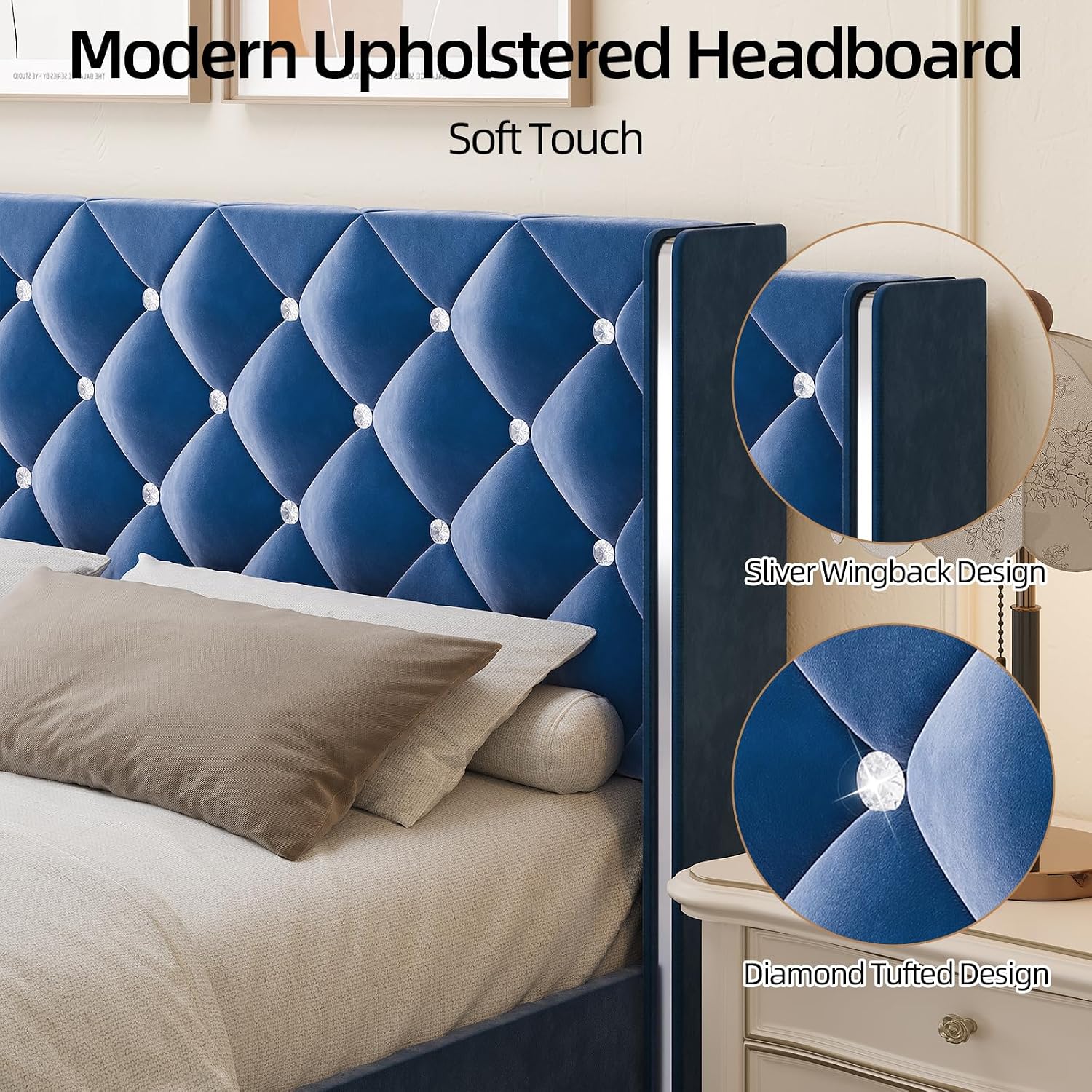 HOMBCK King Size Bed Frame with Headboard, Upholstered Bed with Diamond Tufted Design Design, Modern King Size Bed with Wingback, No Box Spring Needed, Easy Assembly, Blue