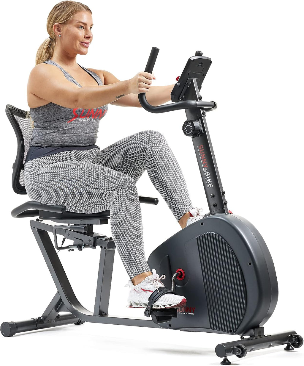 Sunny Health & Fitness Smart Recumbent Exercise Bike, Adjustable Cushion Seat & Mesh Back-Rest for Home Training, Magnetic Resistance & Belt-Drive for Quiet & Smooth workout, Free SunnyFit App Connect