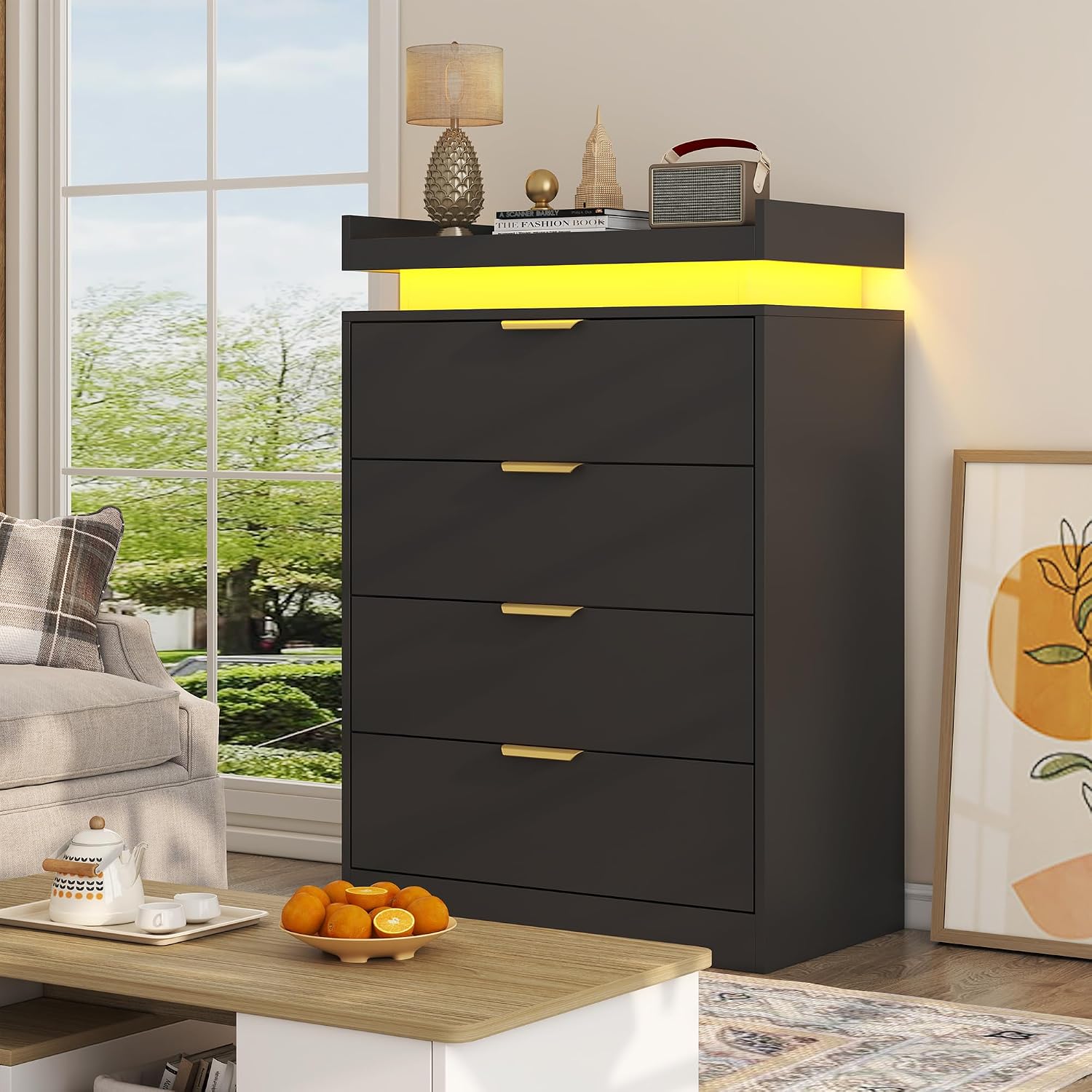UNIQUITE Black Dresser with LED Lights and Power Outlet, Wooden 4 Drawer Dresser Tall Dresser for Bedroom, Modern Chest of Drawers Closet Organizer for Bedroom, Entryway, Hallway