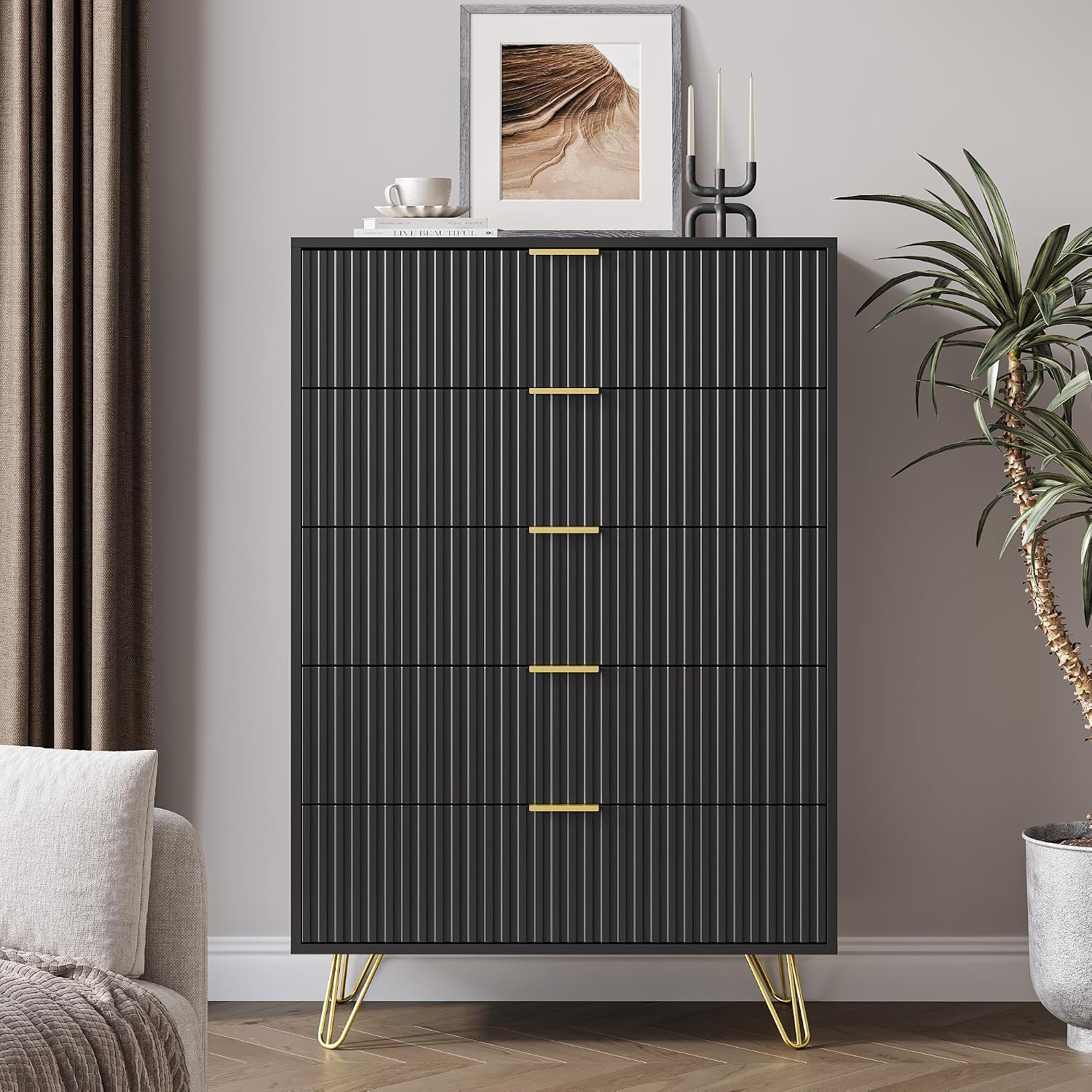 MAISONARIA 5 Drawers Dresser for Bedroom, 47' Tall Modern Chest of Drawers with Gold Handle, Fluted Wood Dresser for Bedroom, Living Room, Hallway, Entryway, Black