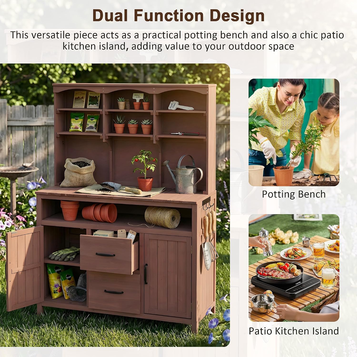 Polibi Large Fir Wood Potting Bench 45.3' Outdoor Patio Kitchen Island with Hutch, Cabinets, Drawers & Hooks, Multi-Functional Gardening Workbench for Grill, Brown